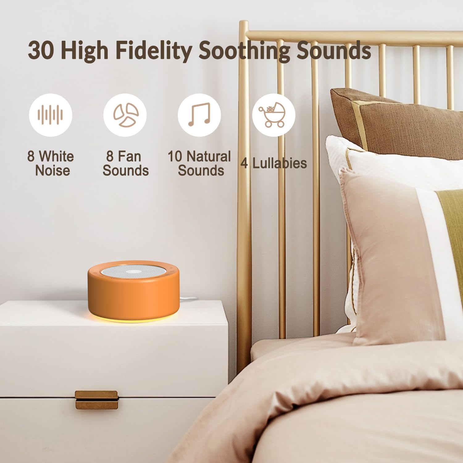 Kipcush Nursery Lamp with Sound Machine, 30 Sounds, 7 Colors Night Light, Touch Control, Timer, Orange