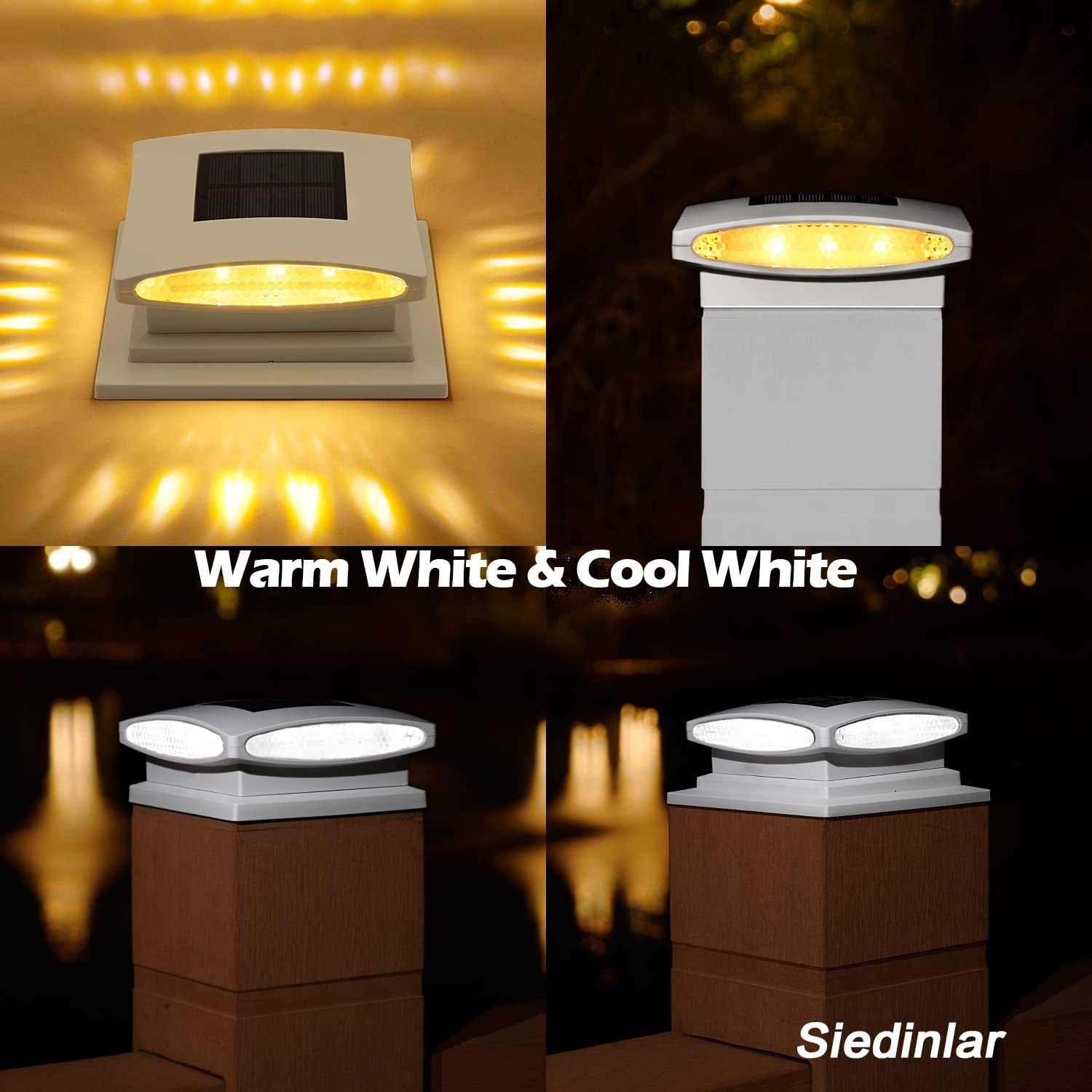 SIEDiNLAR Solar Post Cap Lights - 24 LED, 2 Modes, Warm & Cool White, 6 Pack, Fits 4x4 to 6x6 Posts, White,
