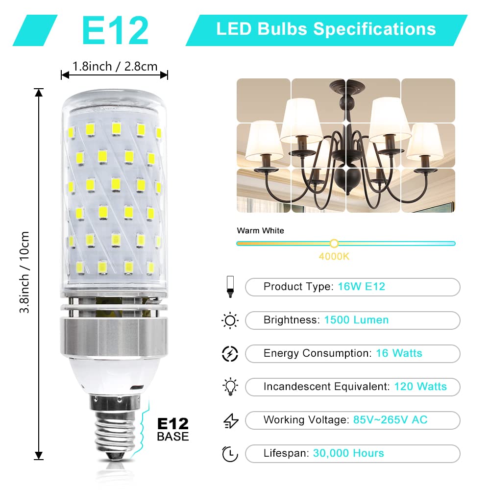 LEDLightsWorld Super Bright E12 LED Bulb 16W 1500LM Natural White 4000K Aluminum Non-Dimmable Pack of 1