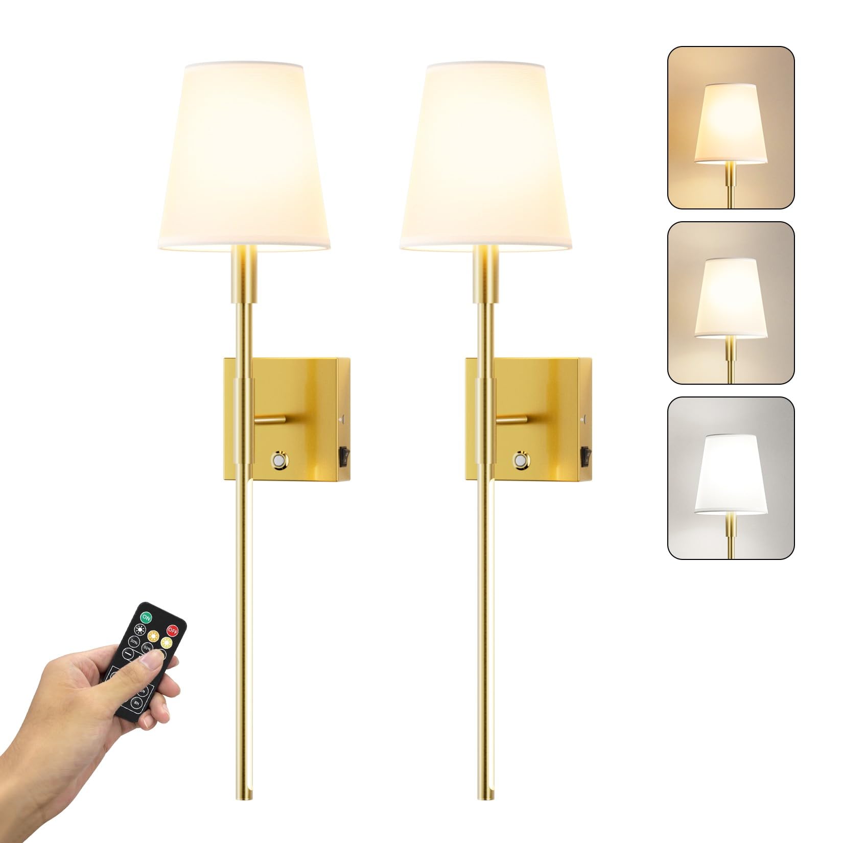 Aoceley Rechargeable Wall Sconces 11000mAh, 3-Color Dimmable Light with Remote & Touch Control, 27in, Gold, Model HW807