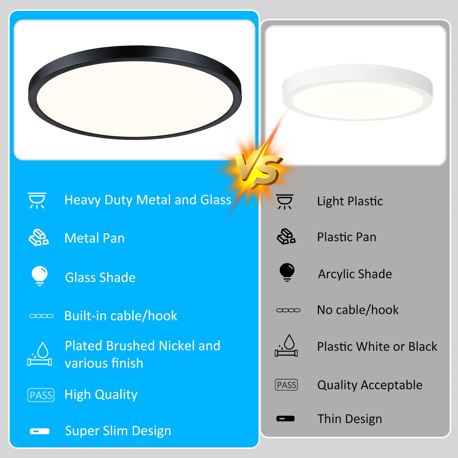 Caisens 14 Inch Flush Mount Ceiling Light Fixture, Dimmable, Metal and Glass, Black, Model CS019