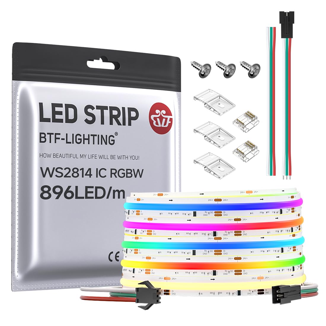 BTF-LIGHTING FCOB COB LED Band WS2814 IC RGBW 3000K Flexible High Density Color Chasing Uniform Light 16.4FT DC24V 896LED/m 16IC/m 12mm Width for Home DIY Lighting Projects(No Adapter or Controller)