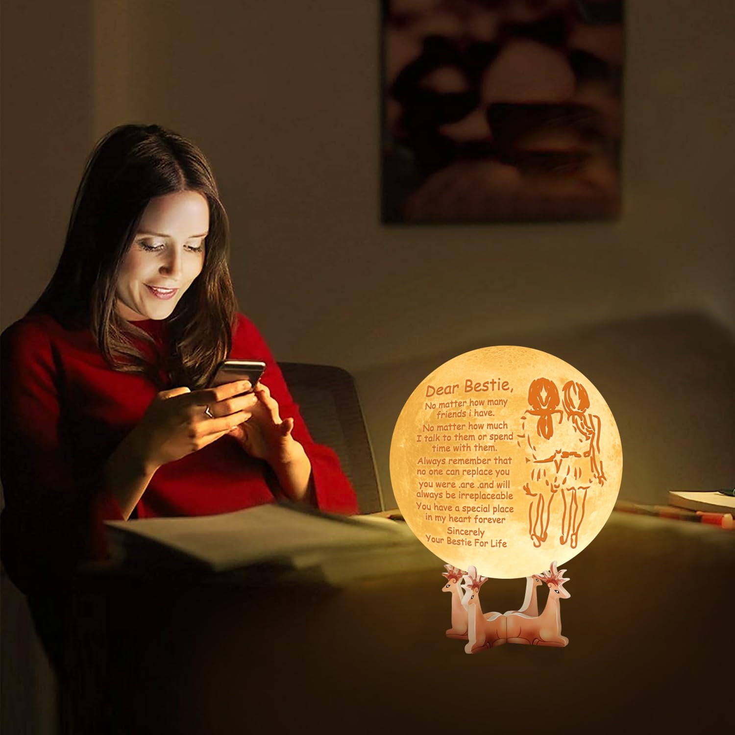 K Kenon Personalized 3D Moon Lamp Gift For Bestie, Personalized 5.9 Inch 3D Printing Moon Light Gift, Valentine'S Christmas Birthday Gift For Bestie Best Friend Sister