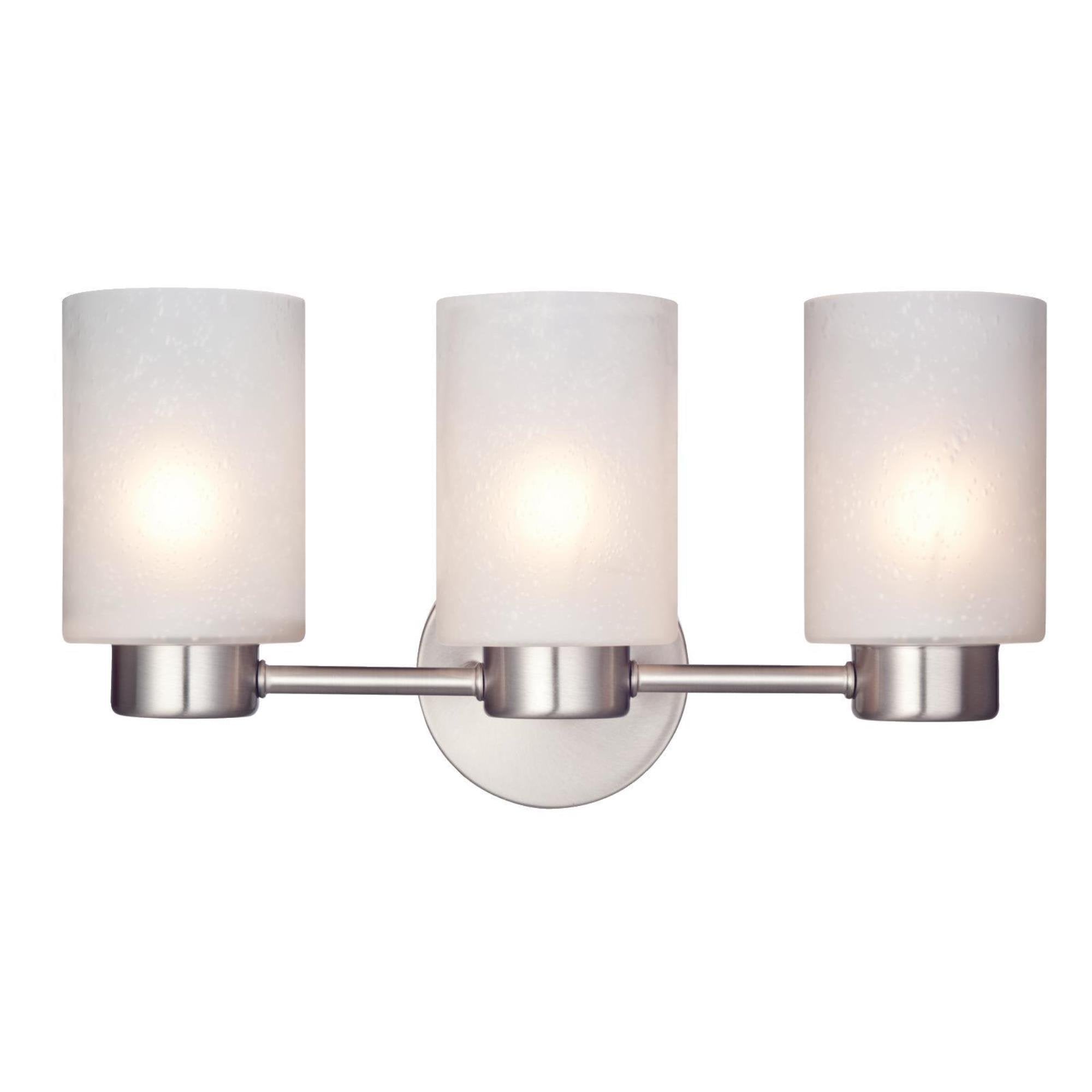 Westinghouse Sylvestre Three-Light Wall Fixture, Brushed Nickel Finish, Frosted Seeded Glass, 3-Light, White, Model 6227900
