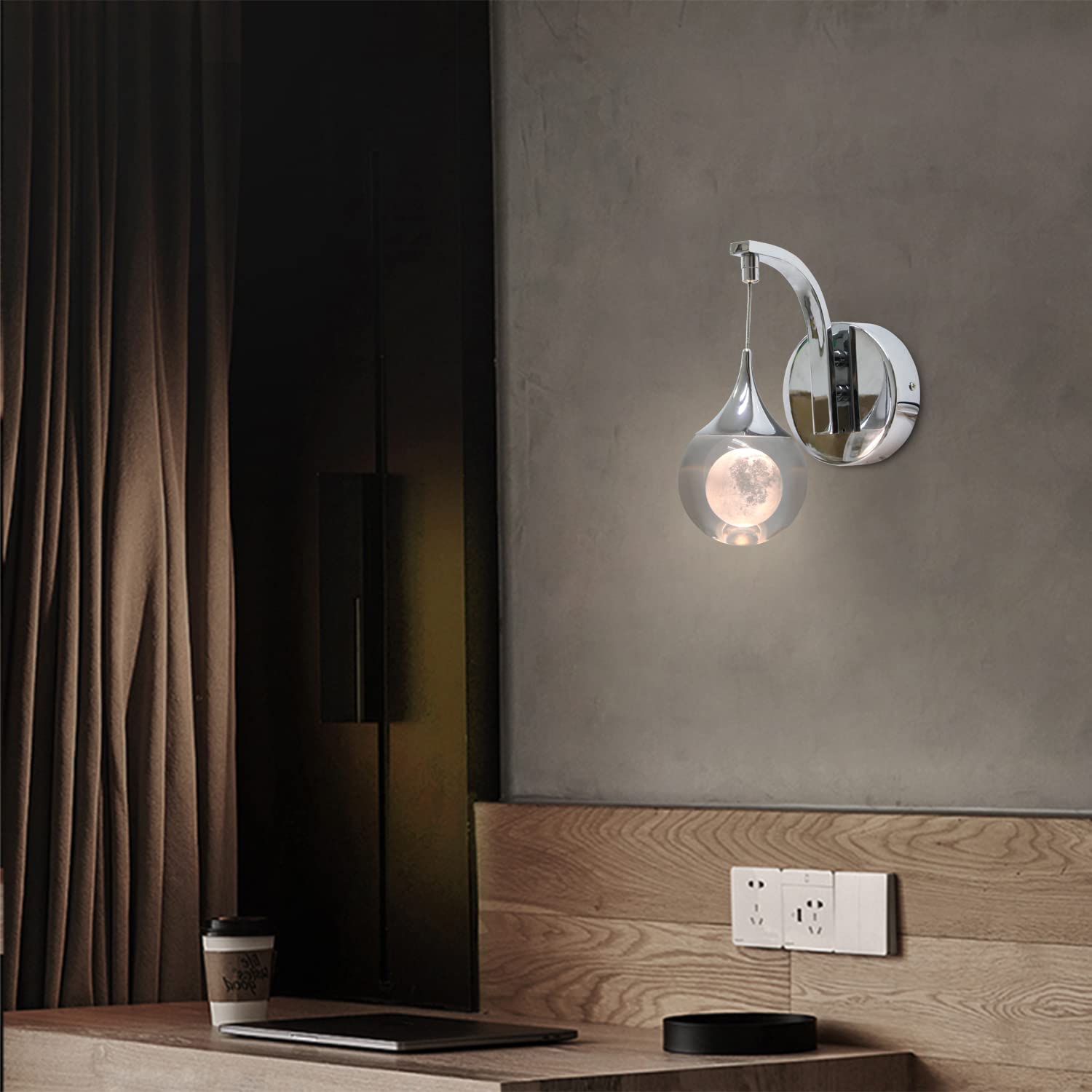 Sedelan Led Crystal Wall Sconce - Moon Modern Dimmable Light For Bedroom, Living Room, Chrome