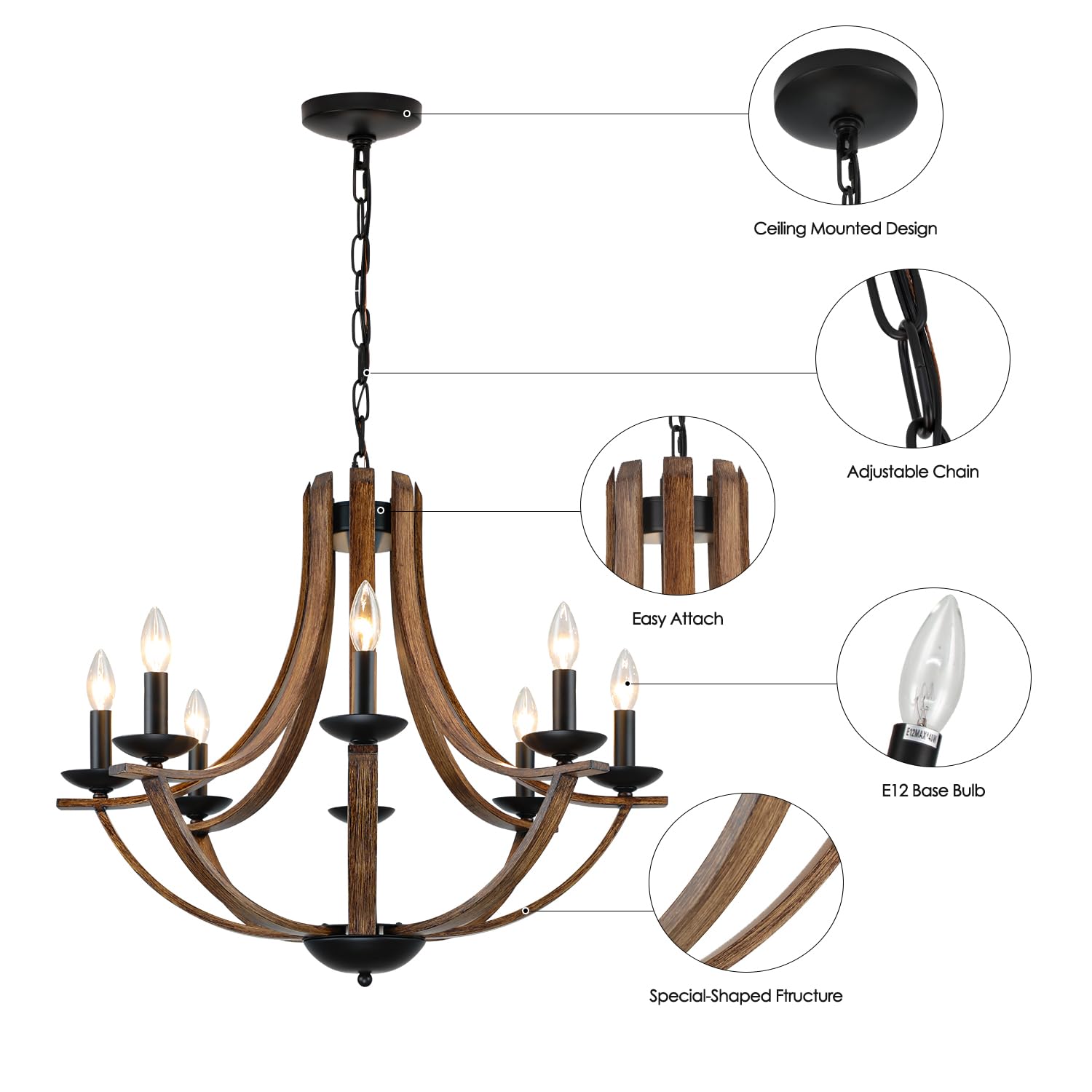 LAMPKEDUO Rustic 8-Light Chandelier Fixture, 28" Adjustable, Black & Faux Walnut, Model D9901-8 for Dining Room, Kitchen, Foyer