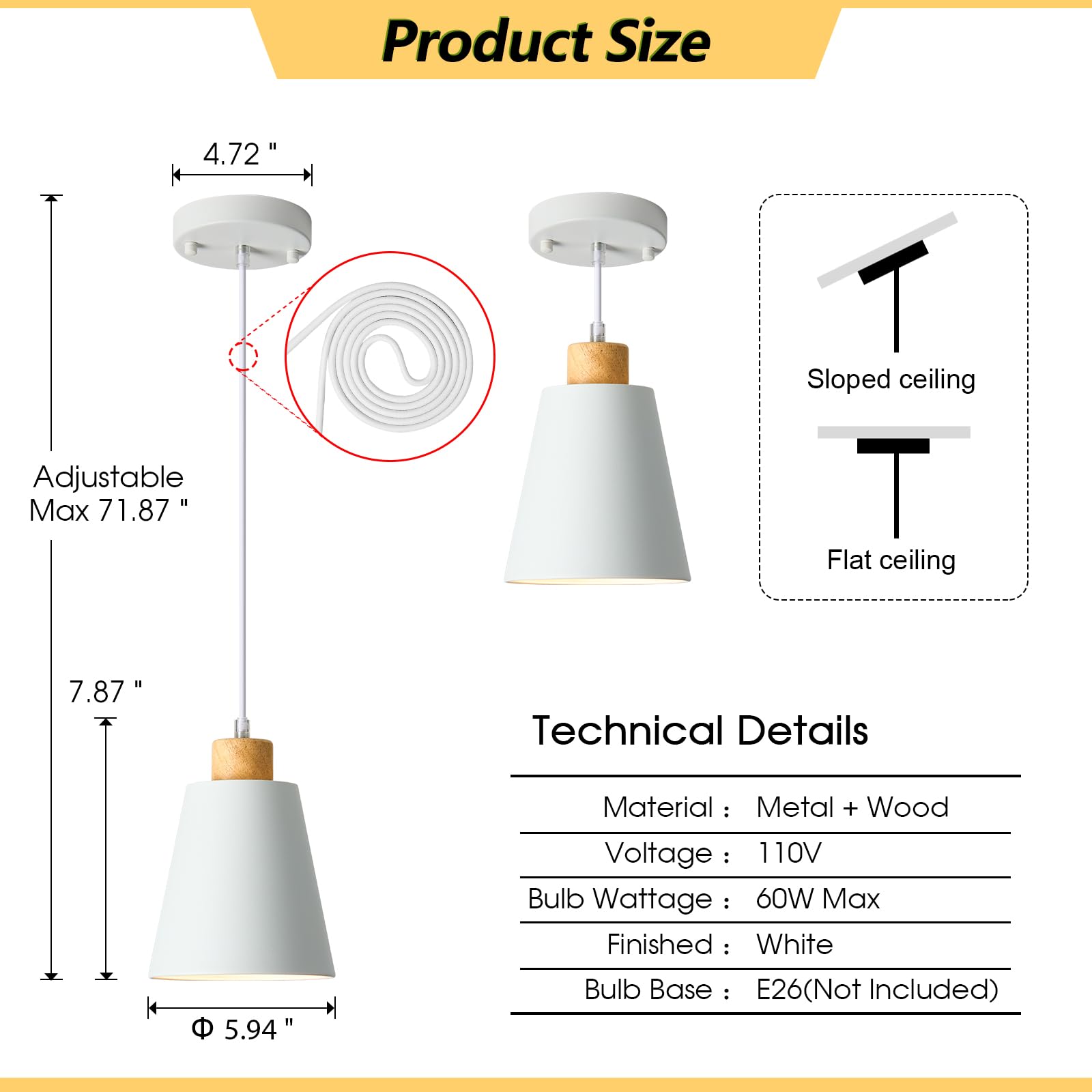 FISGONI White Pendant Light 3 Pack Mini Modern Wood Lighting Fixture Adjustable Cord 5.94in for Kitchen Island Dining Room Bedroom