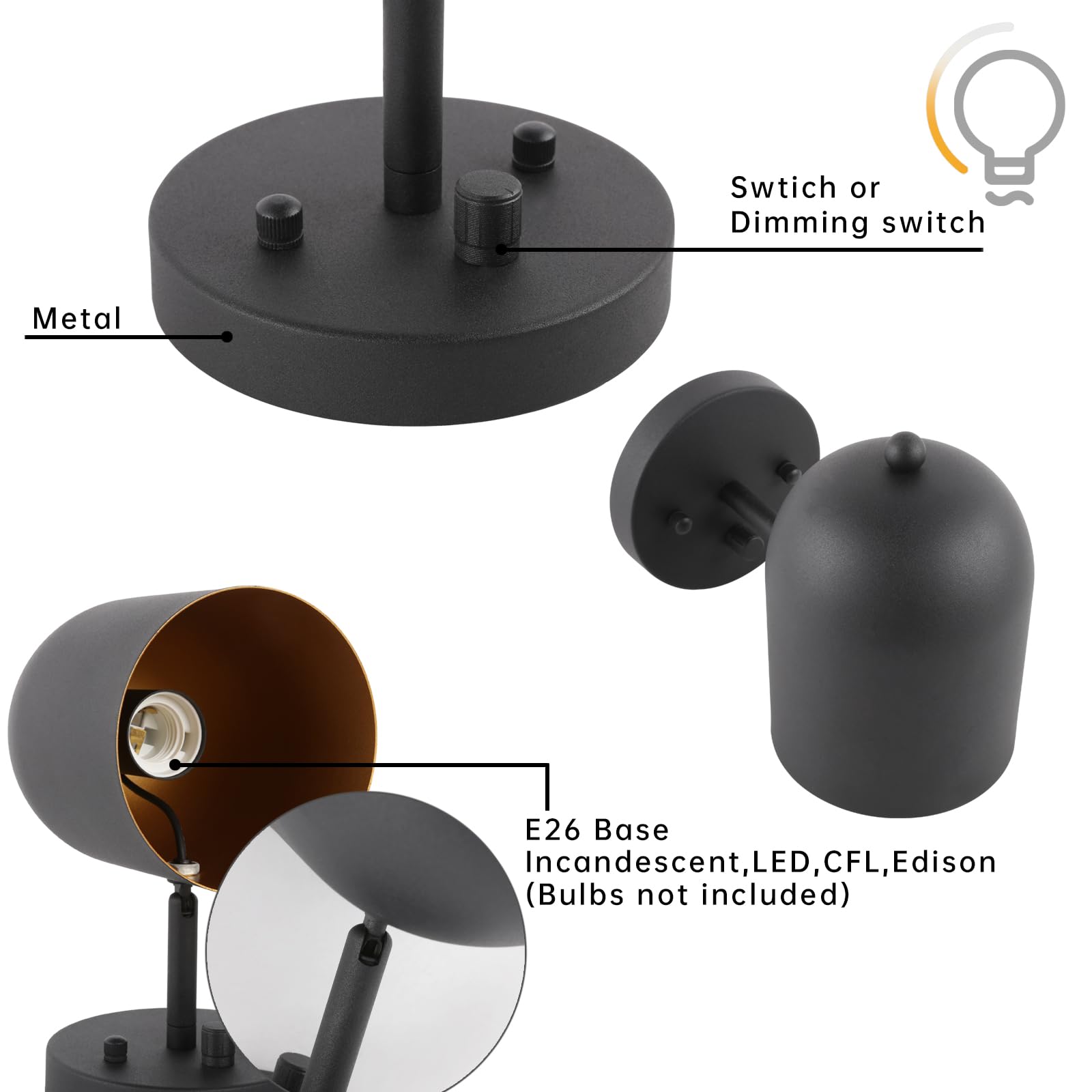 Pathson Set Of 2 Modern Wall Sconce Dimmer Switch, Matte Black Wall Light Lamp Adjustable Light Angle Wall Vanity Lighting, E26