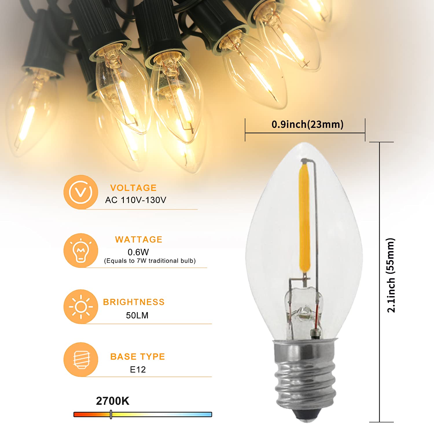 MYEMITTING C7 LED Light Bulbs 0.6W Waterproof Clear Glass 6 Pack Warm White 2700K E12 Base