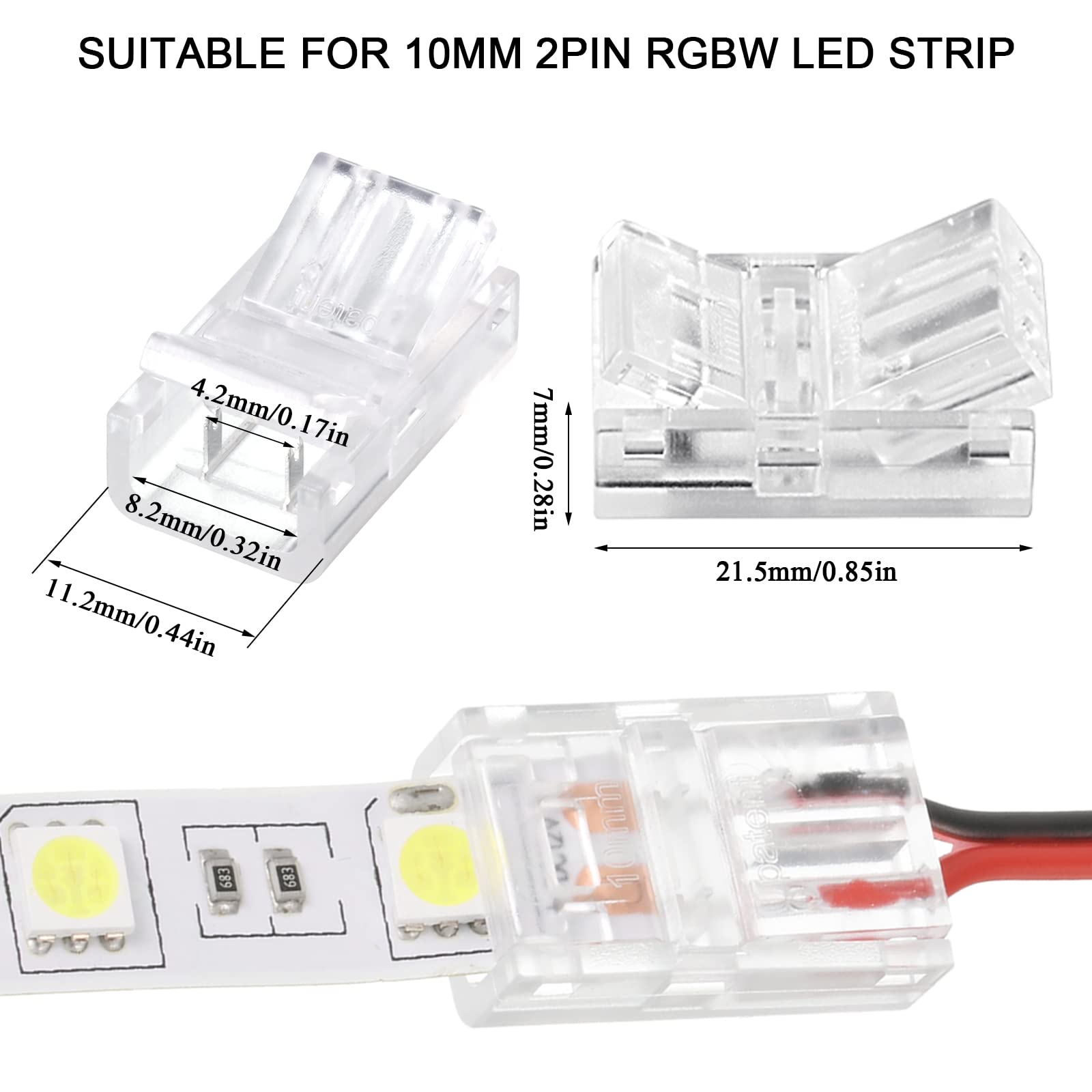 Flutesan RGB LED Light Strip Connectors, Waterproof, 2 Pin, 8 mm, Transparent, Solderless