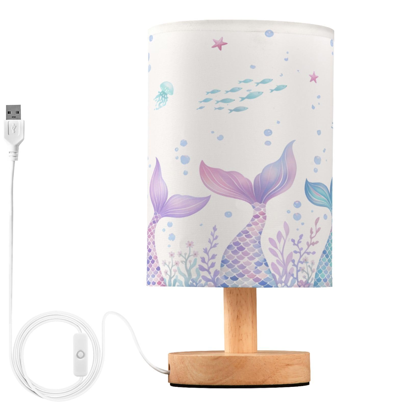 ALAZA Fish Mermaid Coral Reef Jellyfish Decor Bedside Table Lamp with USB Port for Bedroom Nightstand Office Desk LED Bulb Inclu