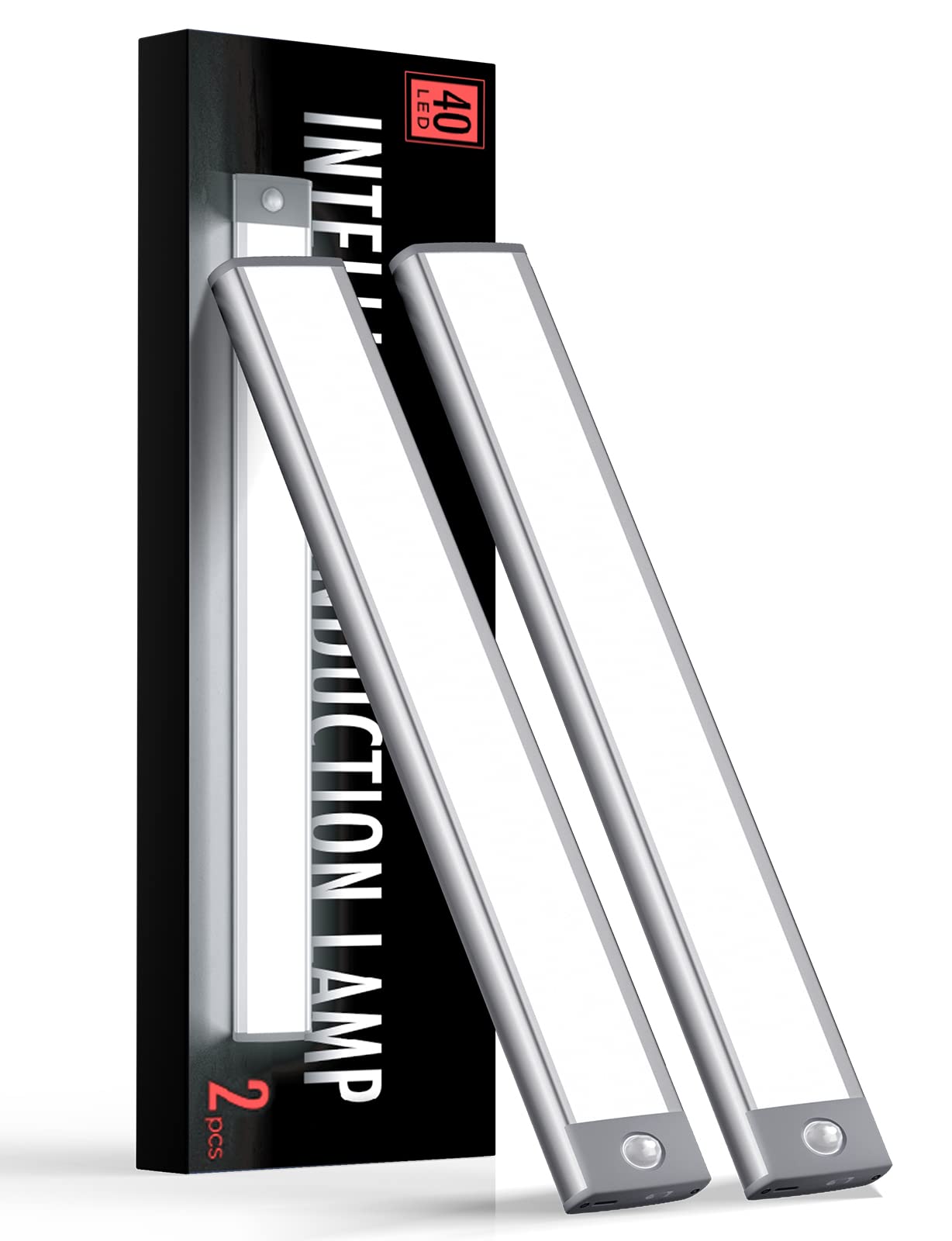 Yiger 40 Led Under Cabinet Lighting, Rechargeable Motion Sensor Night Light, Silver-White, 2 Pack