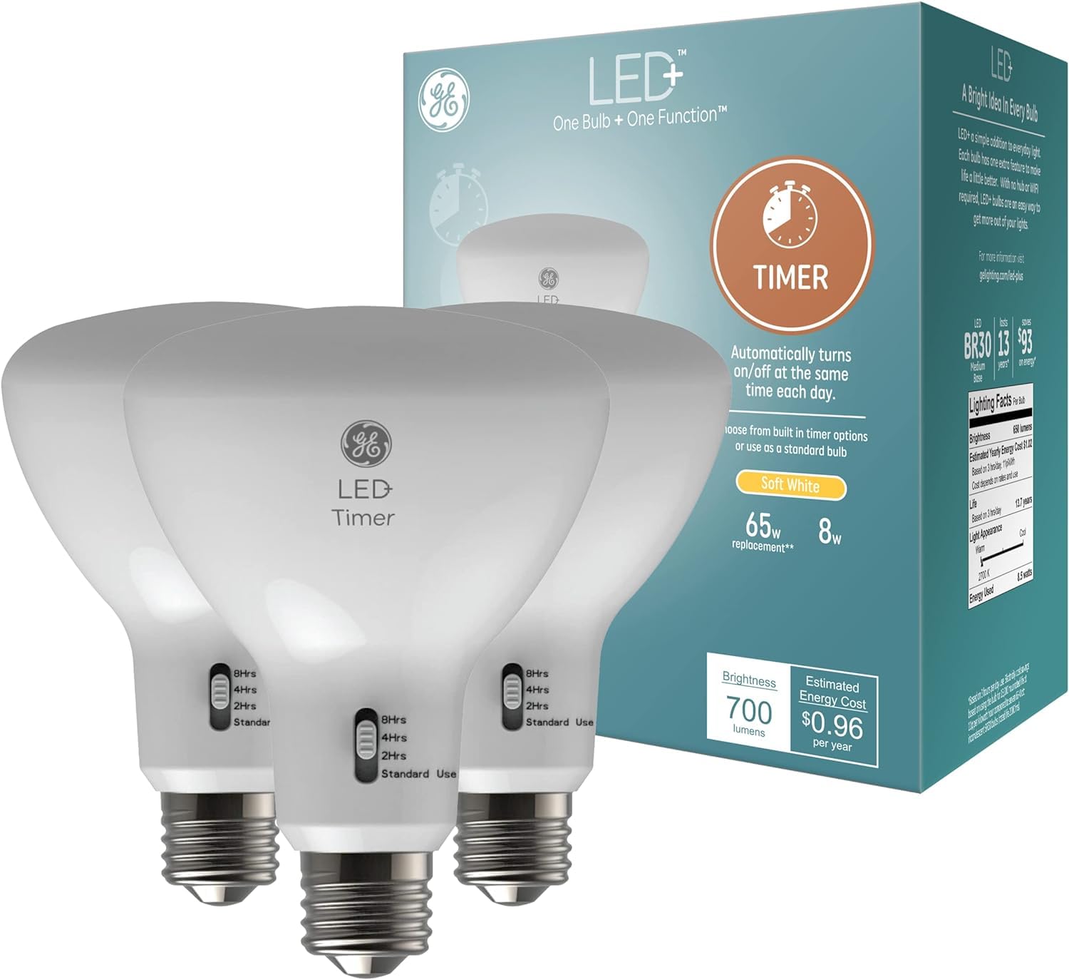 Ge Led+ Timer Br30 Led Light Bulbs, Built-In Automatic Indoor Timer Light, 8W, Soft White (3 Pack)