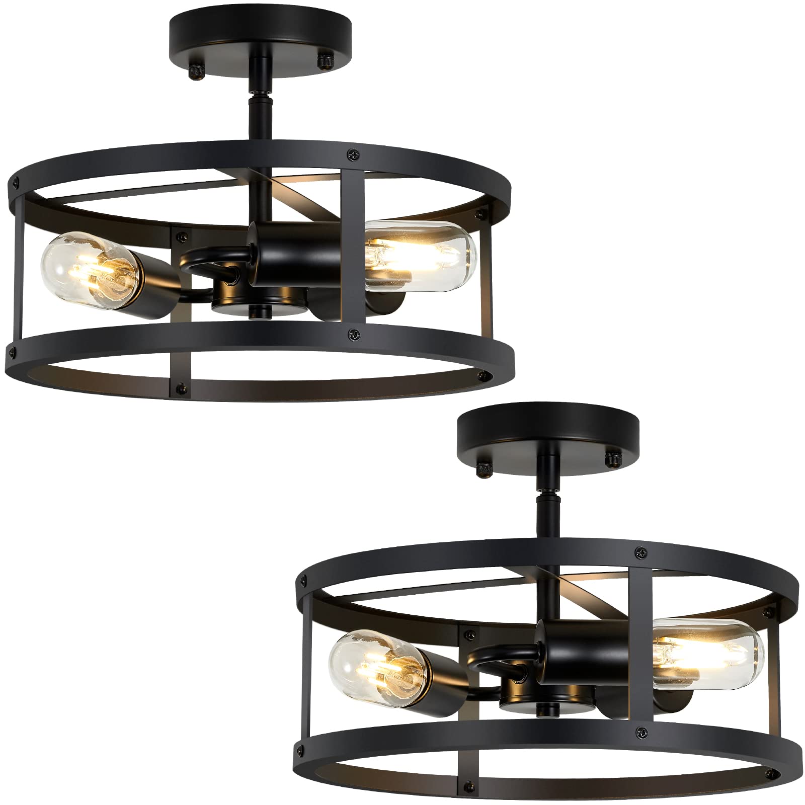 XPEHK 3-Light Semi Flush Mount Ceiling Light, Matte Black Metal Cage, Industrial Design, Model XPE10, 2 Pack