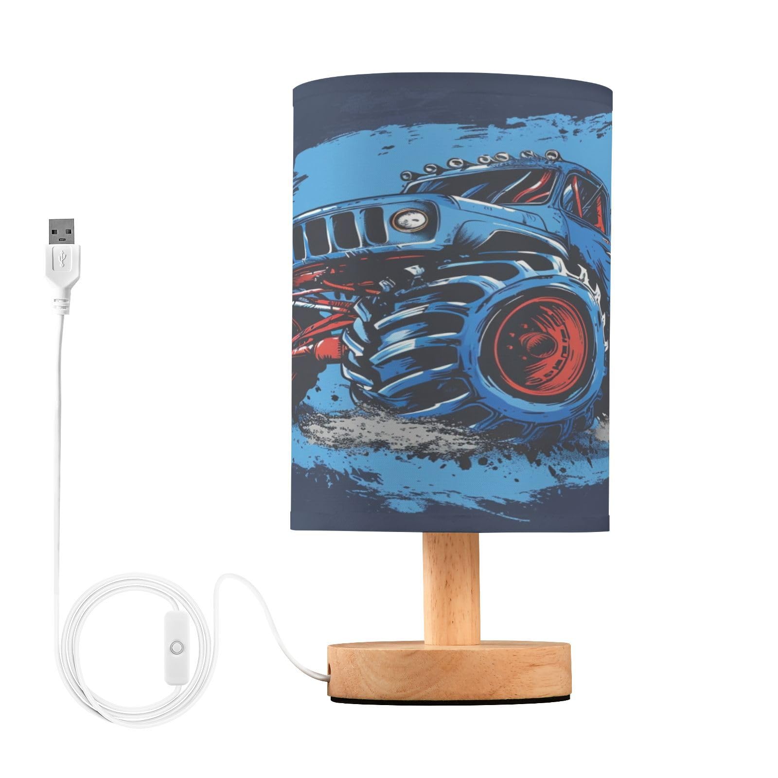 Monster Truck Decor Bedside Table Lamp for Bedroom Kids Bedside Lamps USB Nightstand Lamp LED Wood Base Shade for Girls Boys Liv