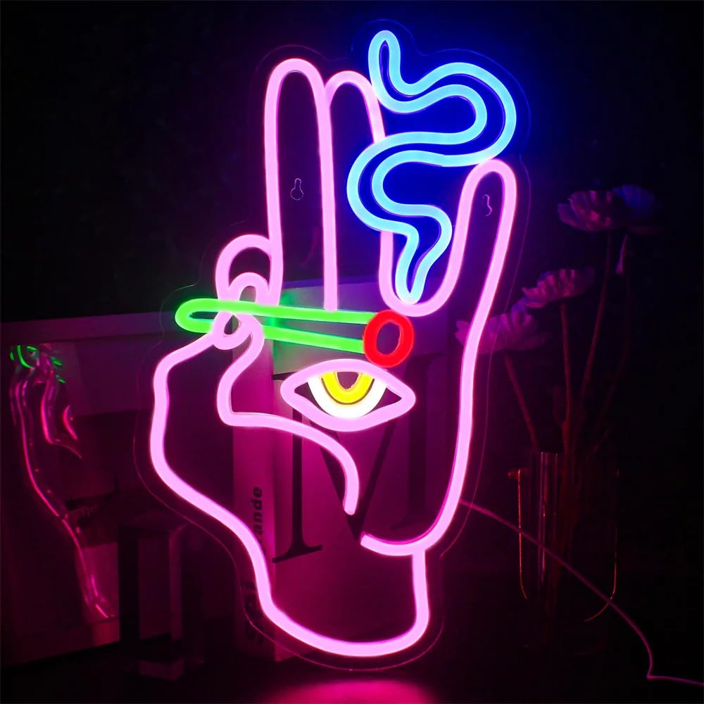 WLHOPE Neon Sign - Evil Eye Hand Light for Wall Decor, 24x42cm, USB Powered, Blue Hamsa, Ideal for Bedroom, Game Room, Bar, and Parties