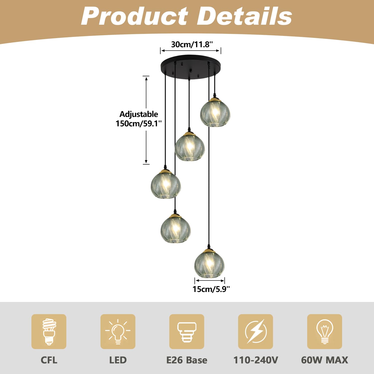 KCO Lighting 5-Light Cluster Pendant Light, Black Globe, Vintage Green Glass, Model L1170-G