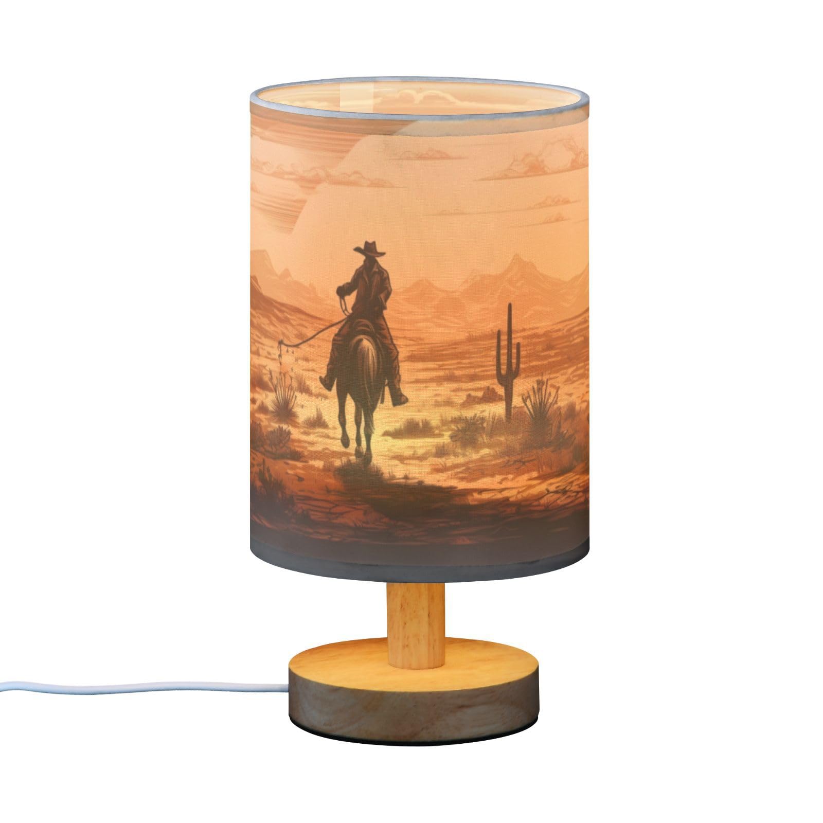 Goodold Vintage Western Cowboy Led Table Lamp - Modern Minimalist Bedside Lamp With Round Flaxen Fabric Shade For Nightstand, Pe