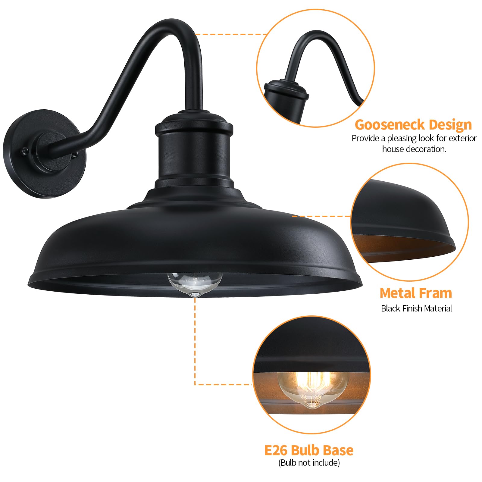 13.8 Diameter Large Outdoor Gooseneck Barn Light 2 Packs  Outdoor Wall Sconce Farmhouse Exterior Light Wall Lighting Fixture Industrial Outside Lantern For Porch  Patio  Garage  Black (No Sensor)