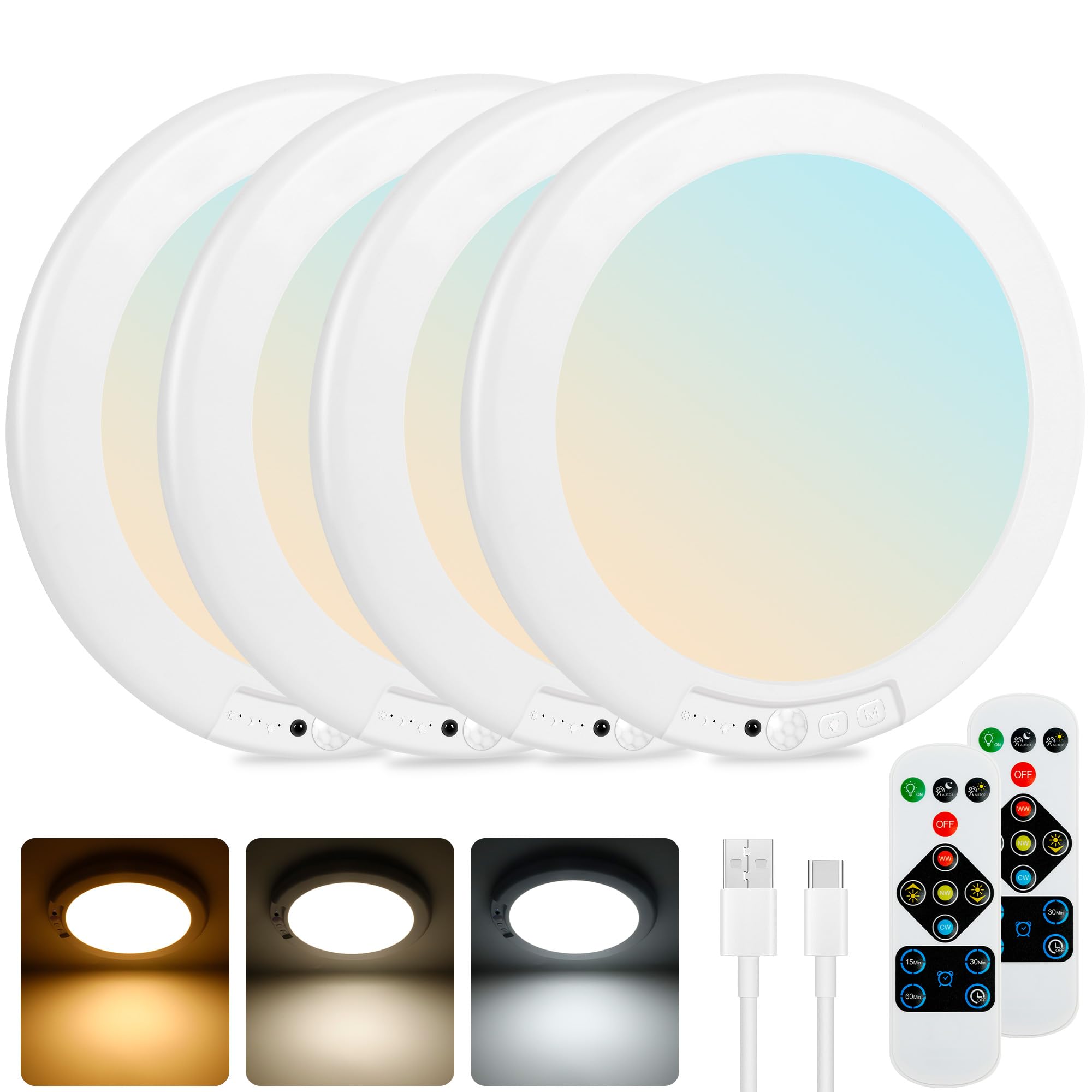 Maylit 4 Pack Rechargeable Ceiling Lights, Motion Sensor Lights No Wiring, Wireless Closet Lights Battery Operated, For Bathroom