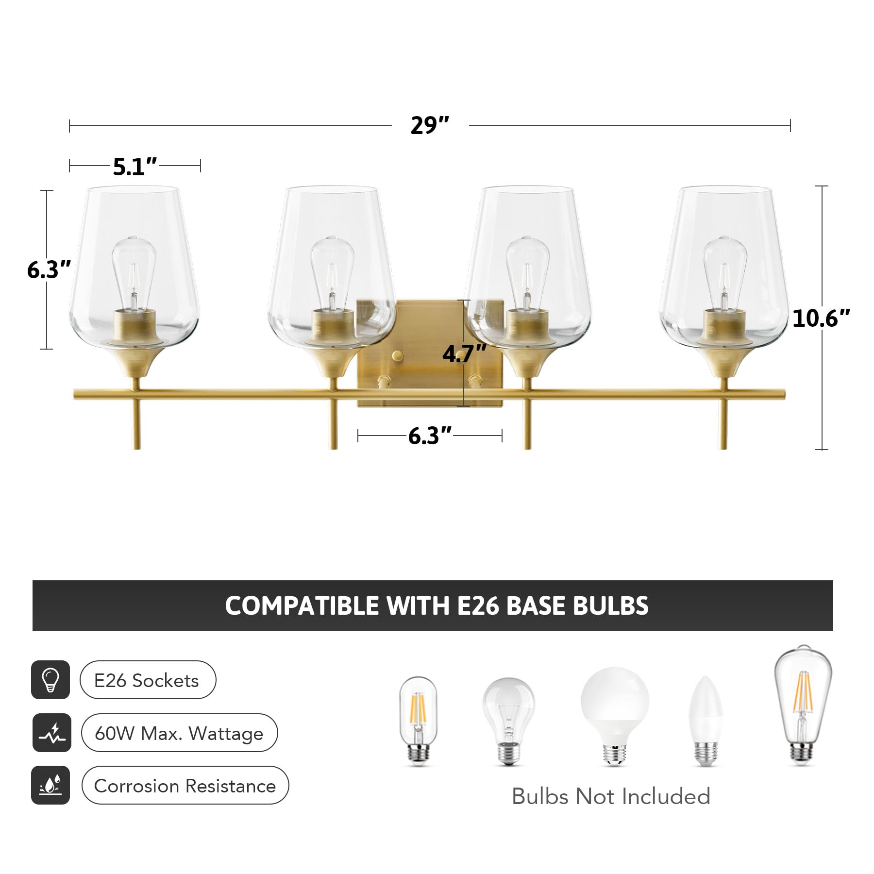 VONLUCE 4-Light Bathroom Vanity Light Fixture, Modern Gold Wall Lamp with Clear Glass for Mirror, Model HCF2804GD