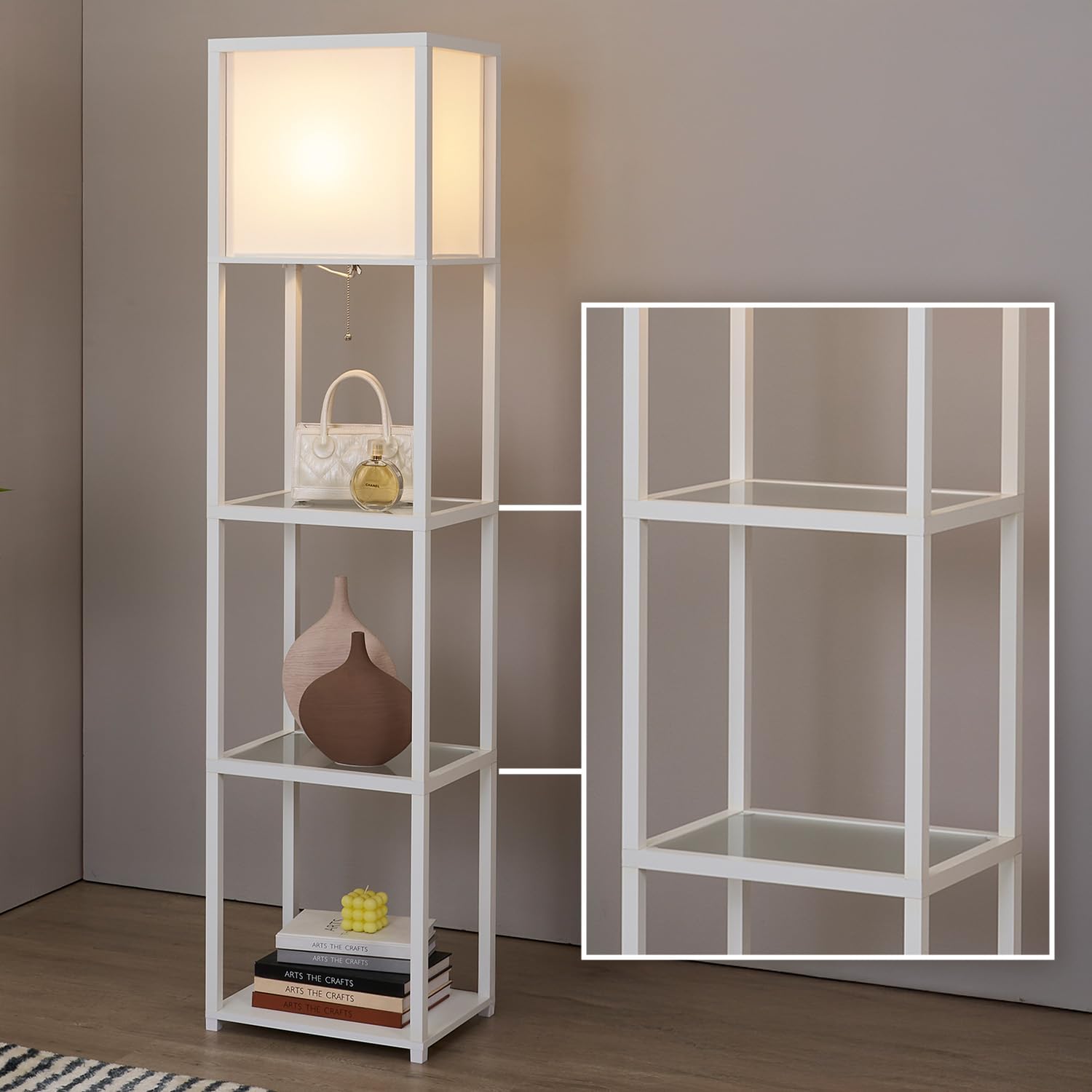 MITELSON Floor Lamp with Shelves, Modern Standing Lamp with Tempered Glass, Large Display Shelf Lamp, Tall Lamps with Shelves fo