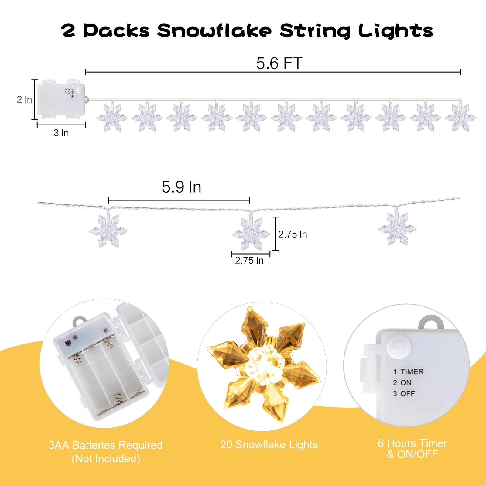 Vigdur 2 Packs Christmas Snowflake Lights - 20 Led Snowflake String Lights Battery Operated With Timer Indoor Xmas Fairy Lights For Bedroom Party Window Holiday Decoration