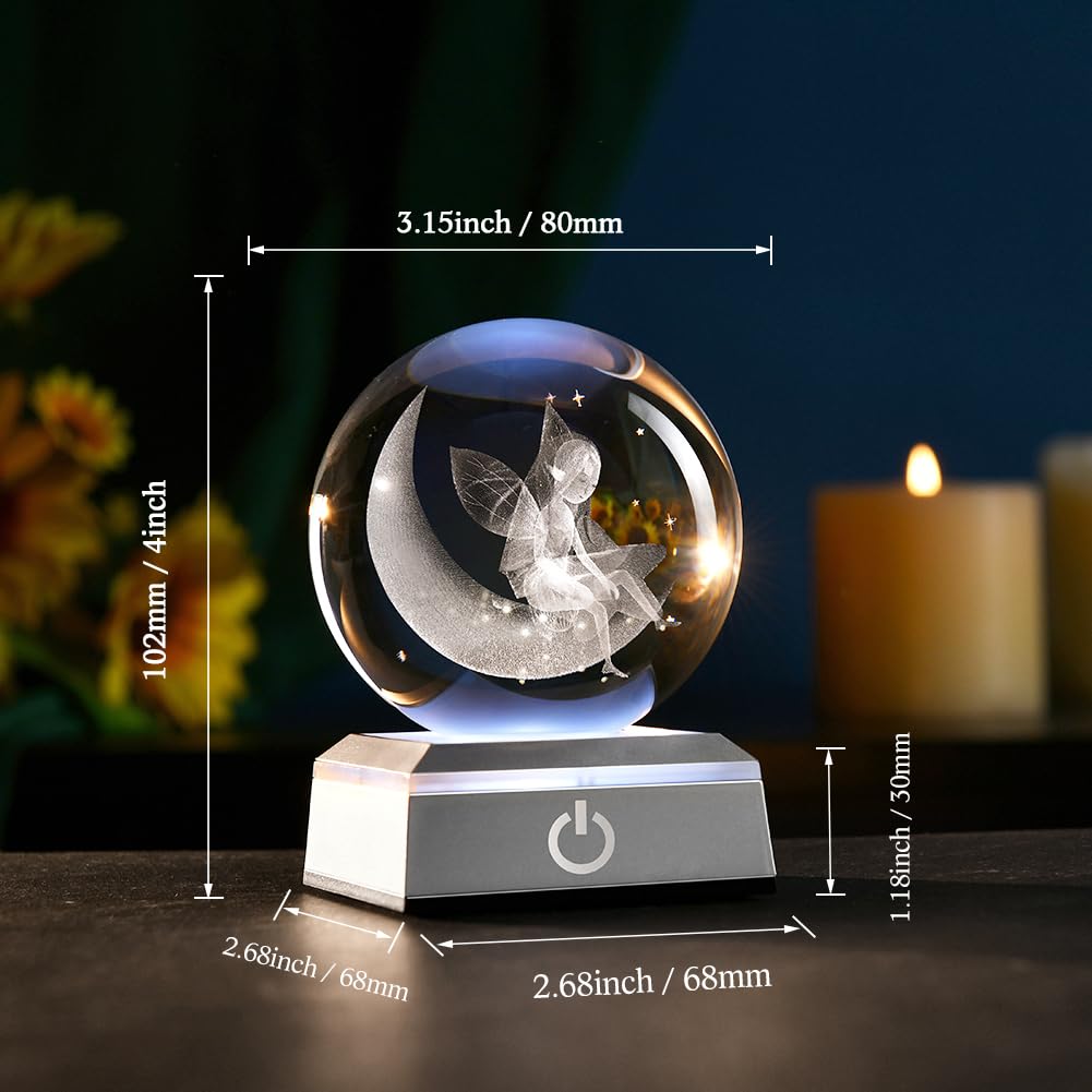 Zrenjhus 3D Moon & Fairy Crystal Ball With Colorful Light Base 80Mm Laser Fairy Glass Decorative Ball Fairy Snow Ball Gifts Expr