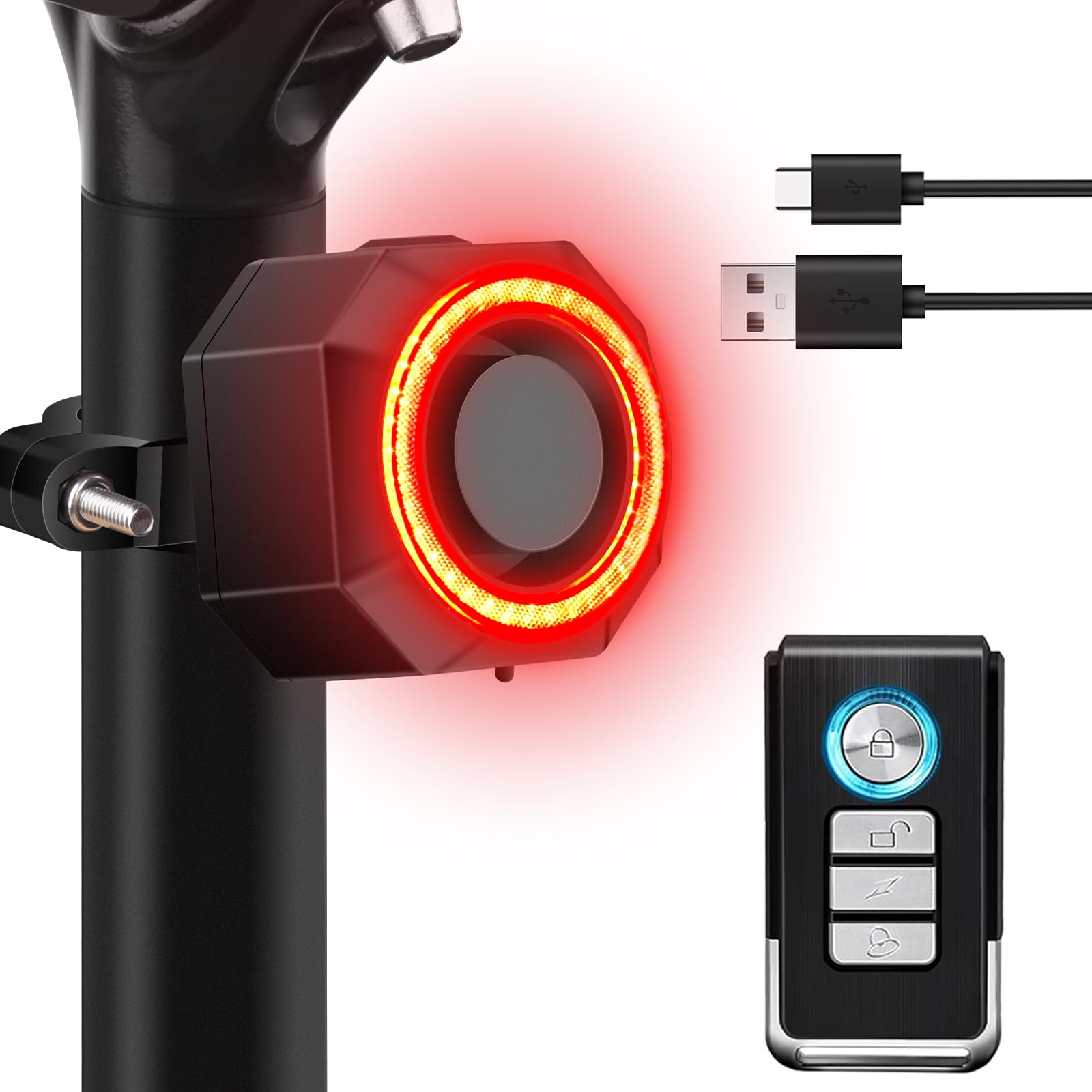 NineLeaf Bicycle Tail Light Rechargeable,Bike Tail Light with Alarm and Remote,Bike Alarms for Ebikes,IP65,113dB Alarms, Level 7