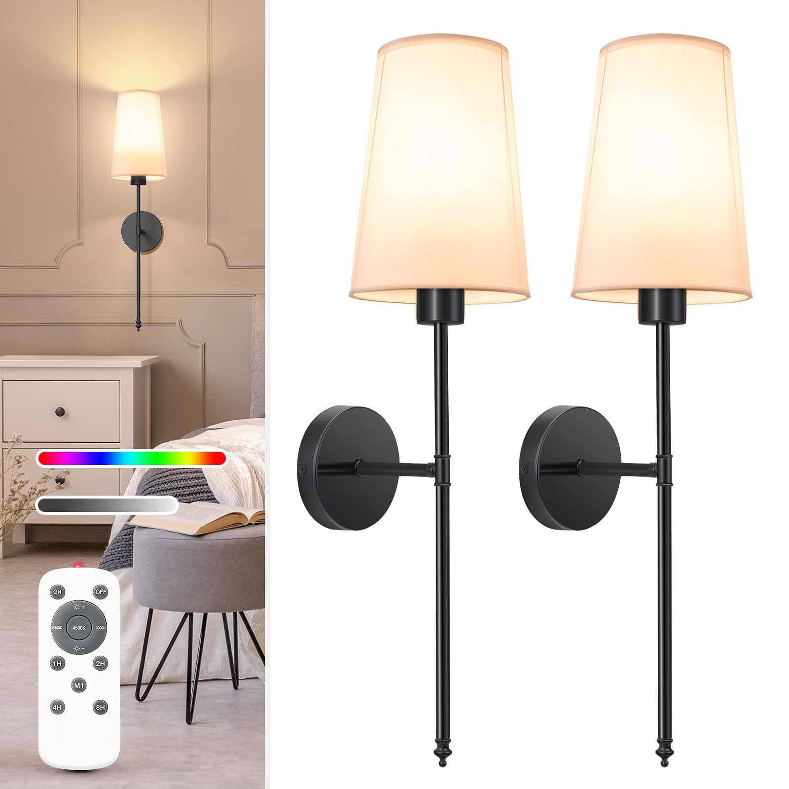 NIORSUN Black Battery Operated Wall Sconce Set of 2 Rechargeable Wall Lights with 5200mAh Dimmable Detachable Bulbs and Remote 9 Colors Wireless Sconces for Bedroom Living Room Hallway