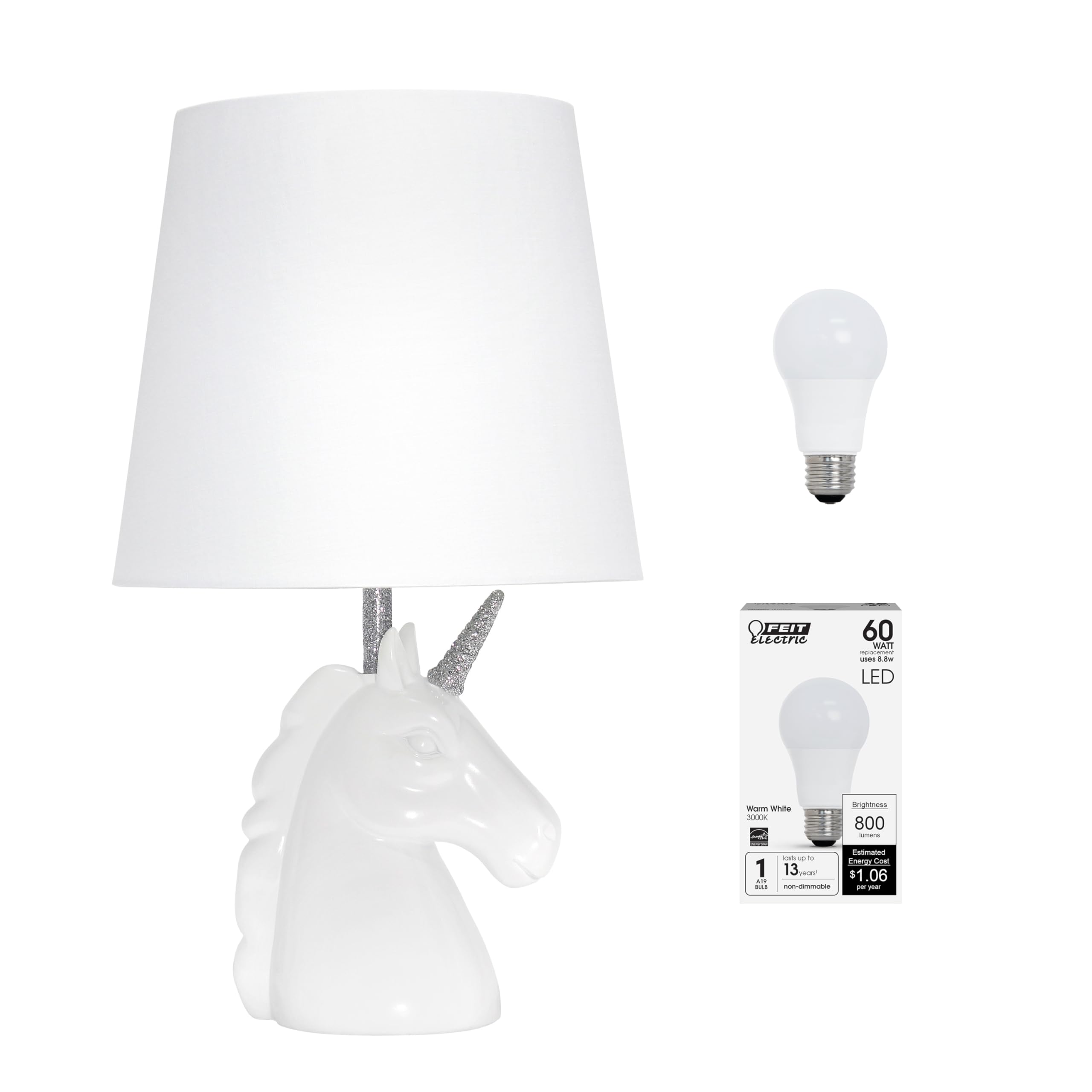Simple Designs LT1078-SLV-LB 15.5&quot; Sparking Glitter Unicorn Table Lamp for Kids Room, Nursery, Living Room, Bedroom, Playroom, Foyer, White with Silver Glitter, with Feit LED Bulb Included
