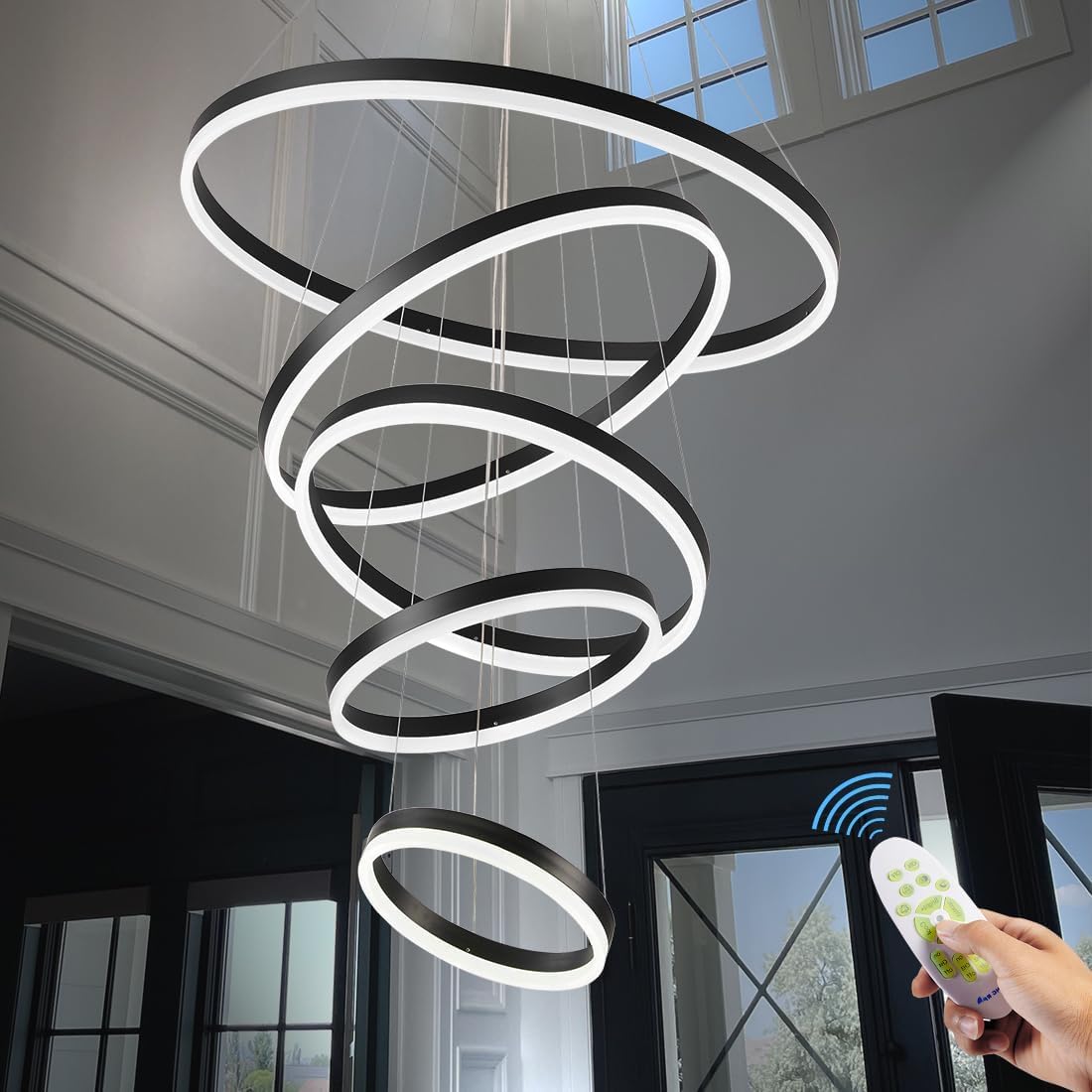 Embring Modern Chandelier,5 Ring Led Chandelier,31.50" Large Modern Chandelier Light Fixture Height Adjustable High Ceiling Chandelier,Black Modern Led Chandelier For Entryway Dimmable With Remote