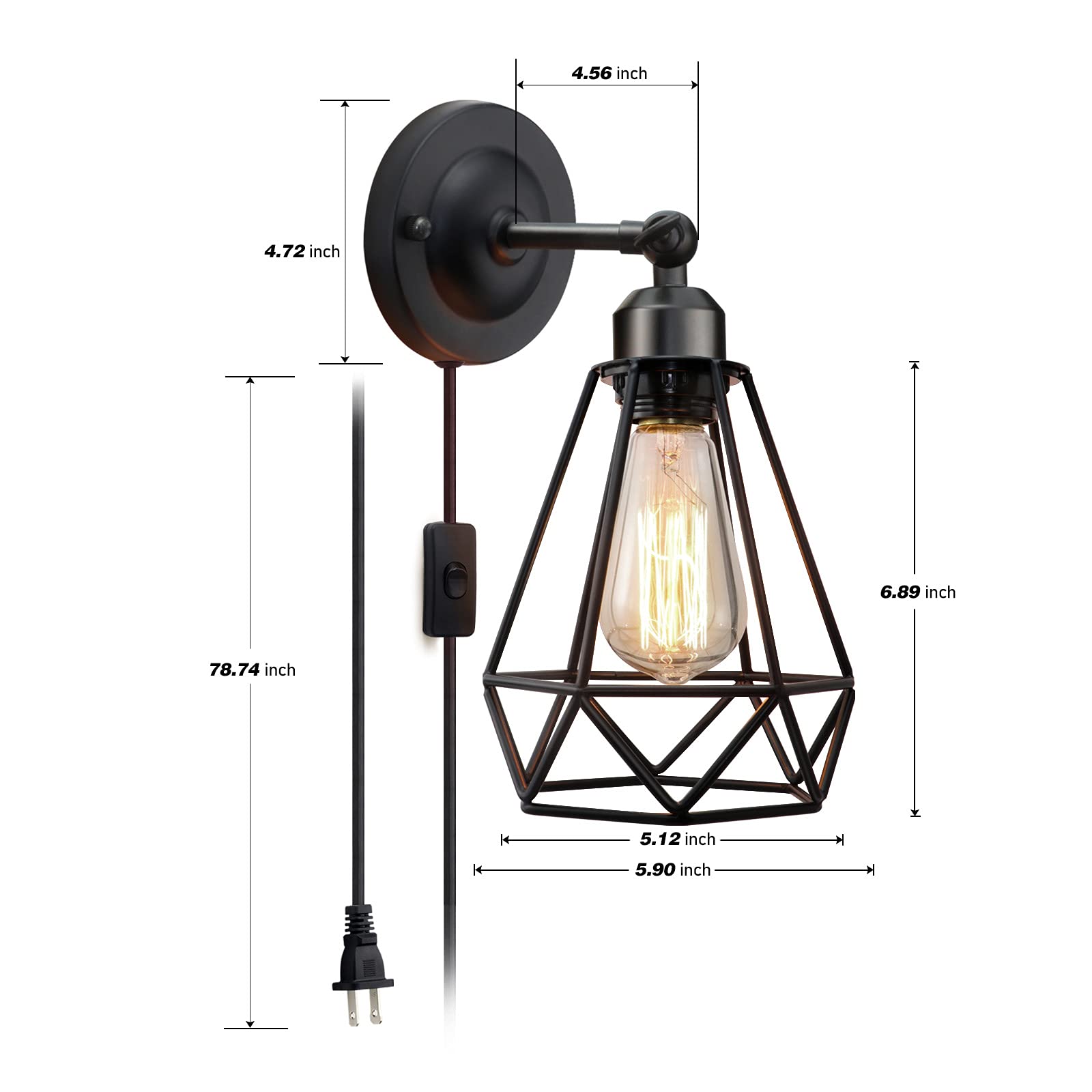 WimiSom Plug in Wall Sconce, Industrial Metal Lamp with On/Off Switch, Black, 2 Pack