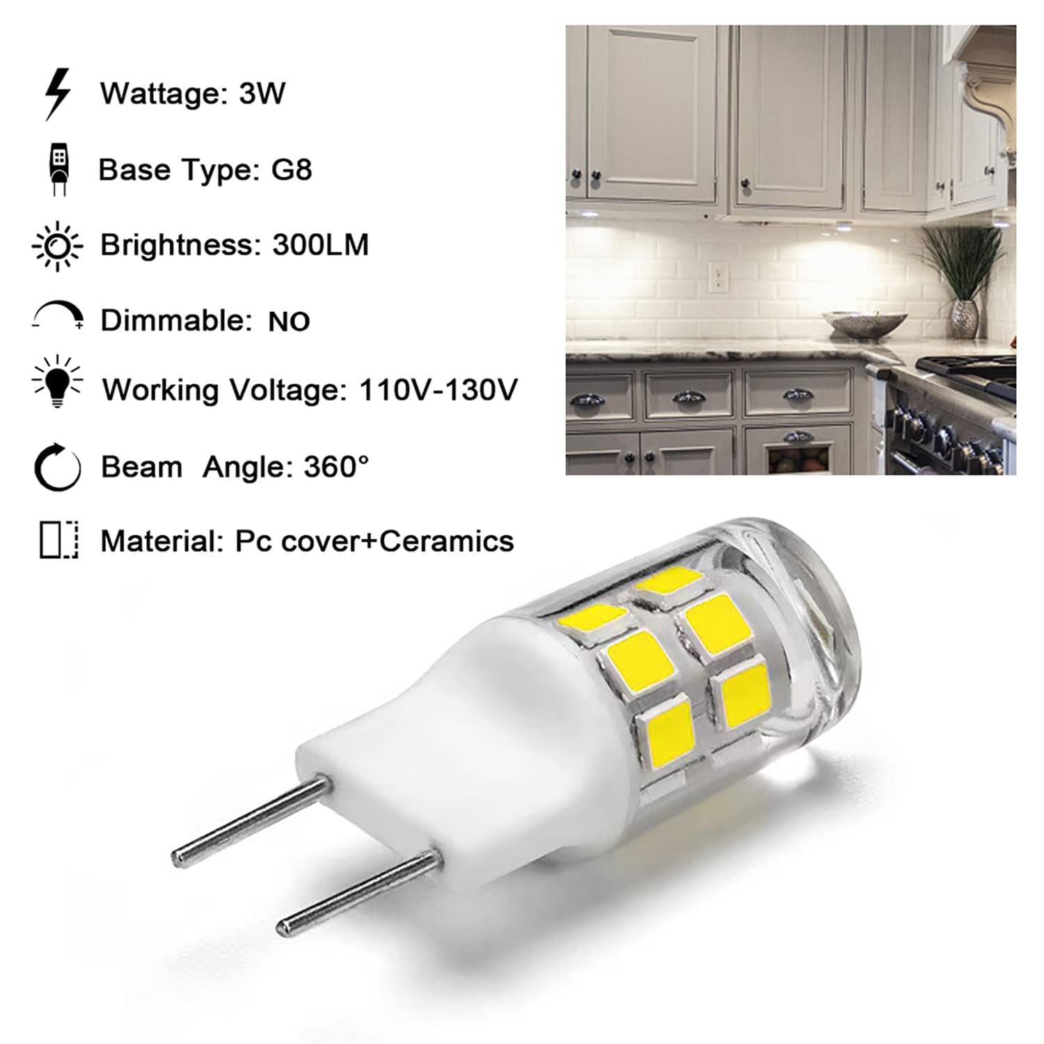 Ssqy G8 Led Bulb, 3W (30W Equivalent), Daylight White 6000K, 120V, T4 Jcd Type Bi-Pin Base Light Bulbs For Under Cabinet, Counte