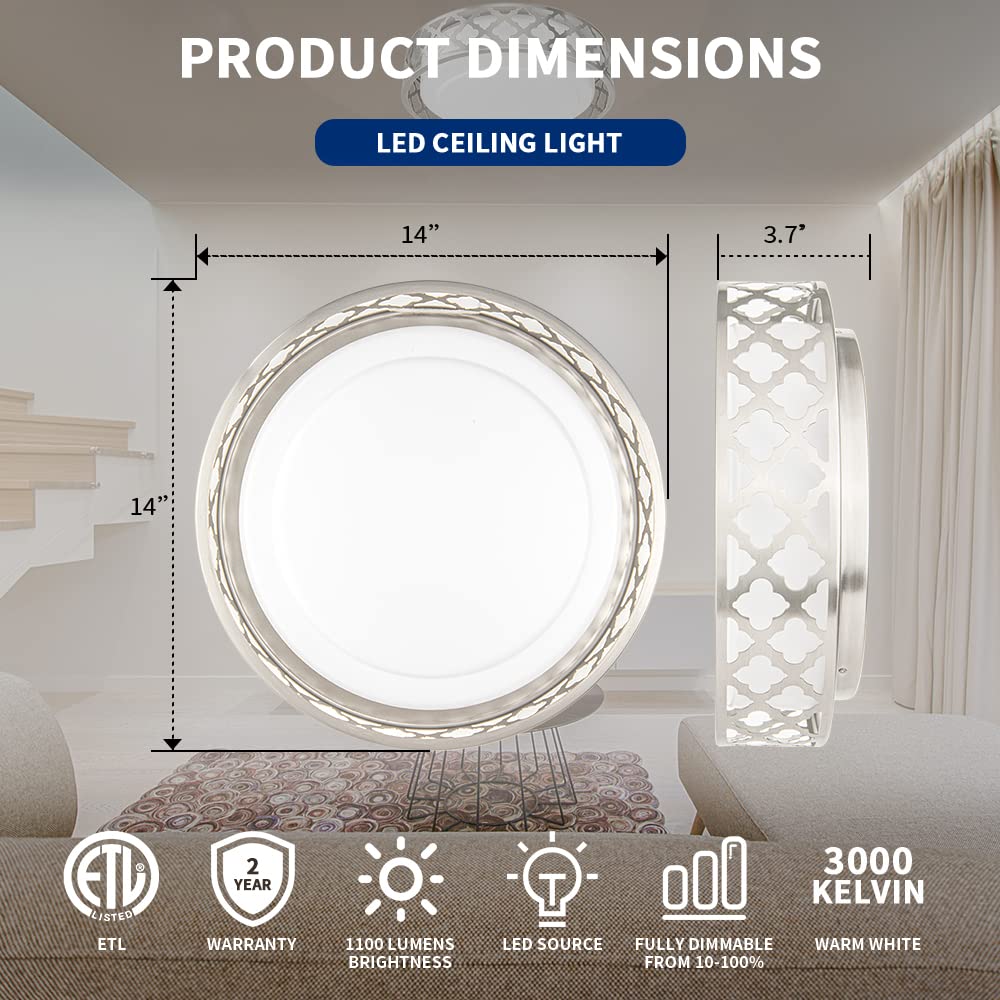 Vicnie 14Inch Led Ceiling Light, 20W 1400 Lumens Dimmable Flush Mount Lighting Fixtures, 3000K Warm White, Brushed Nickel Finish
