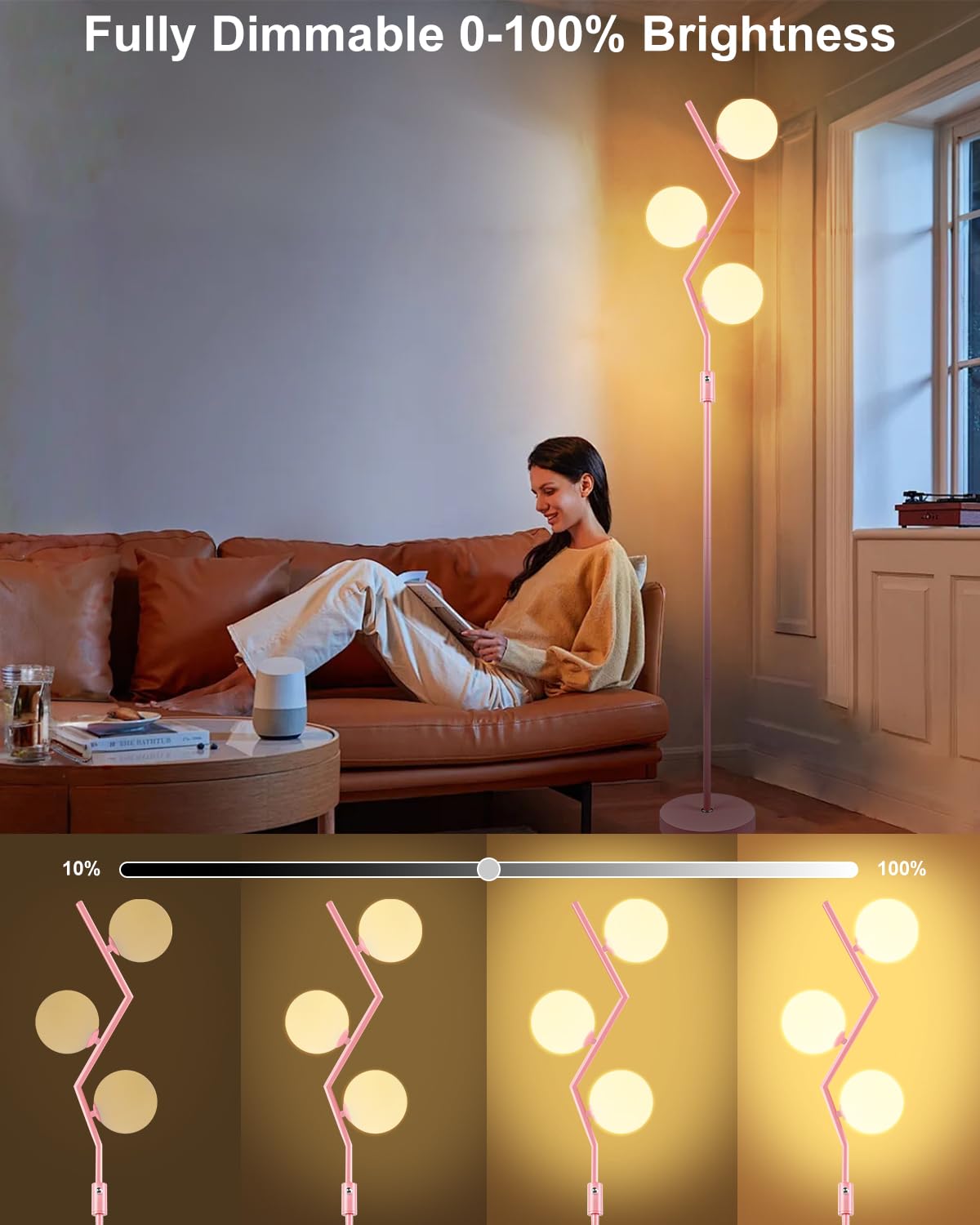 Lightdot Dimmable (Brightness Adjustable) Pink Floor Lamp, Mid Century Standing Lamps With 3 Globe Soft Warm White Eye Care 3000