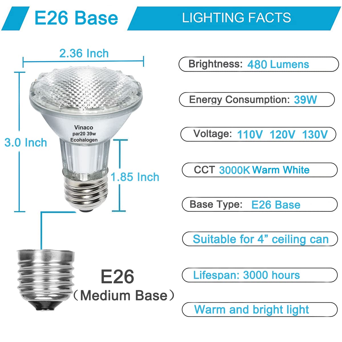 Vinaco PAR20 Halogen Light Bulbs 39W Dimmable 3000K Warm White Clear Glass 6 Count E26 Base