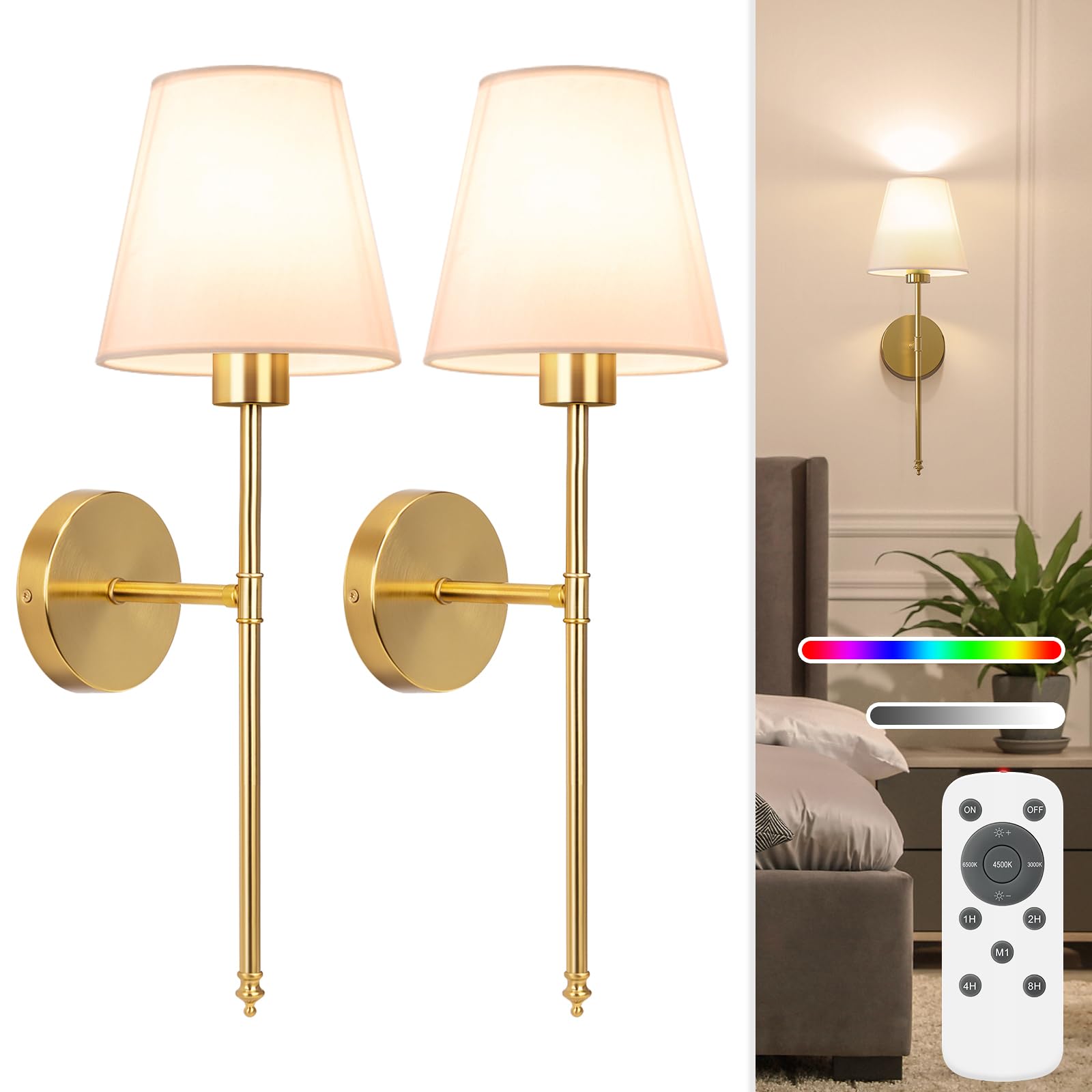 NIORSUN Wall Sconce Set of 2, 19.9in Gold Battery Operated Lights with Dimmable Bulbs and Remote, Model SW025