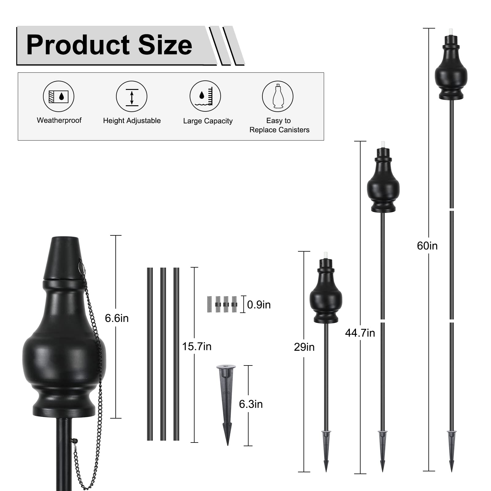 tewei Metal Citronella Torches, 6 Pack, 60In Black Garden Outdoor, Easy to Refill, Model OT-0407