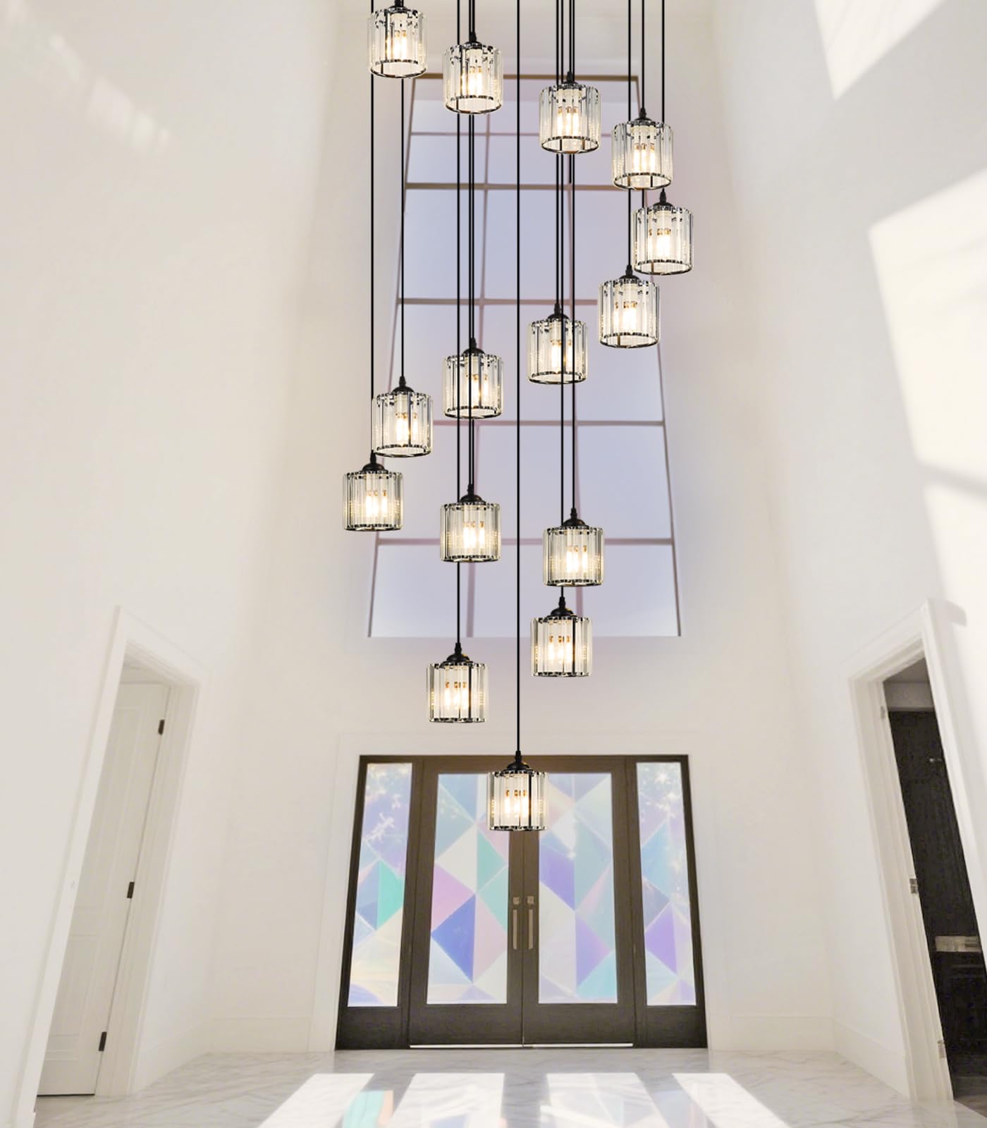 Meimond Modern Crystal Pendant Light, 15 Lights, Black Metal, Raindrop Design for High Ceilings, Foyer, Living Room, Model LTD-10