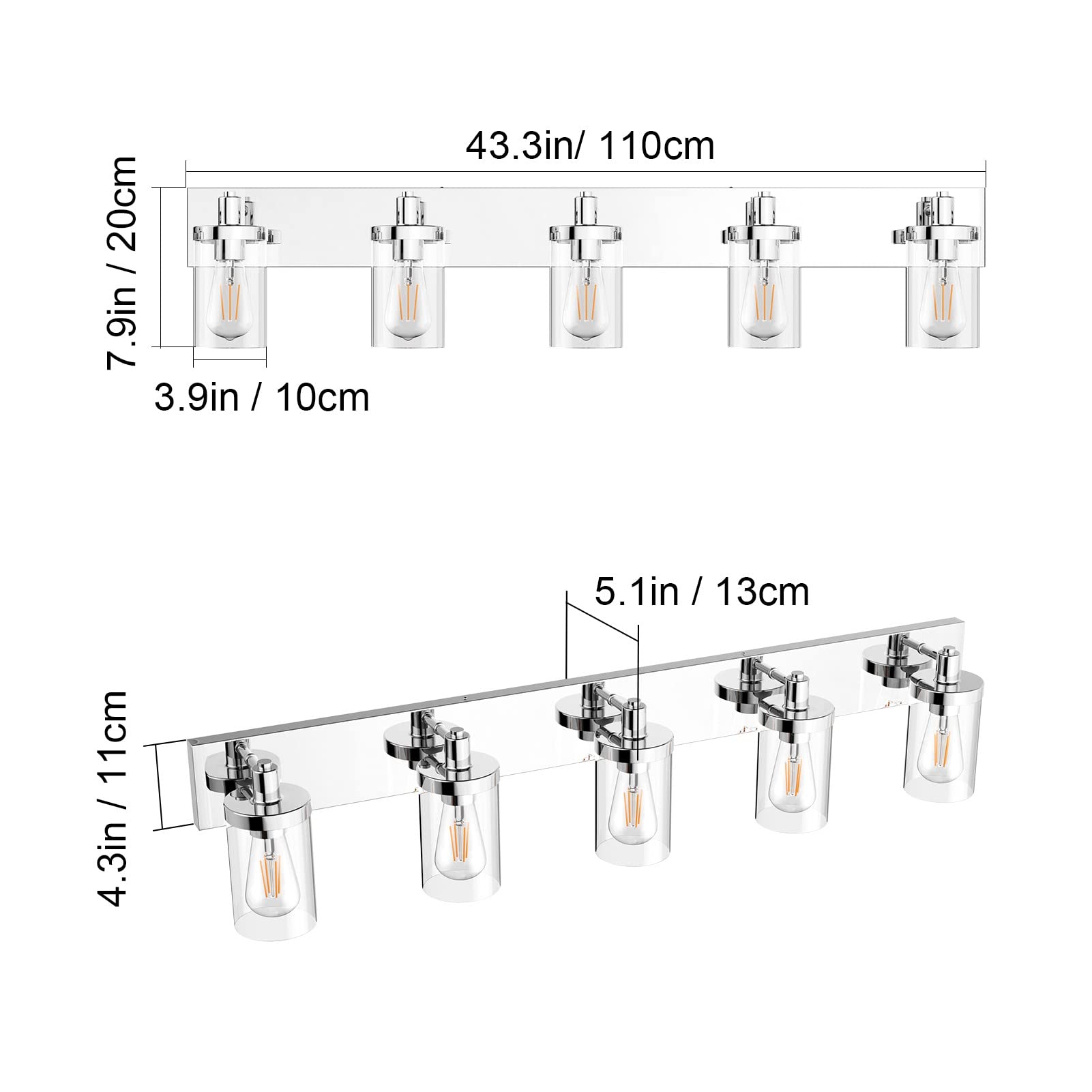 Aipsun Chrome 5-Light Bathroom Vanity Light Fixture, Stainless Steel with Clear Glass Shade, Model GW-1136