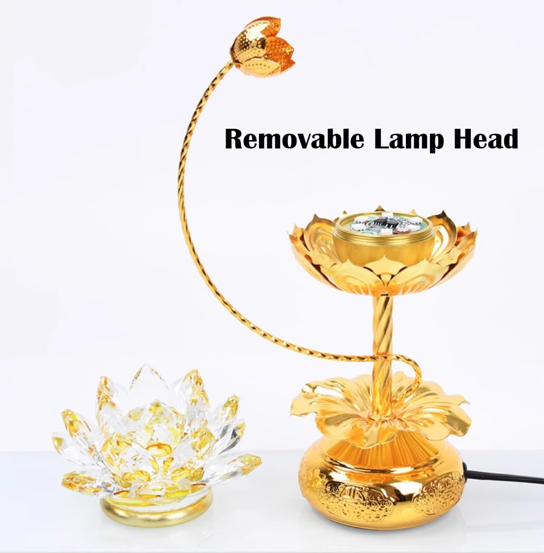 Omeet Colorful LED Crystal Lotus Lamp - 8 inch Pale Gold Buddha Light for Worship & Display, Model OMNLA0124D