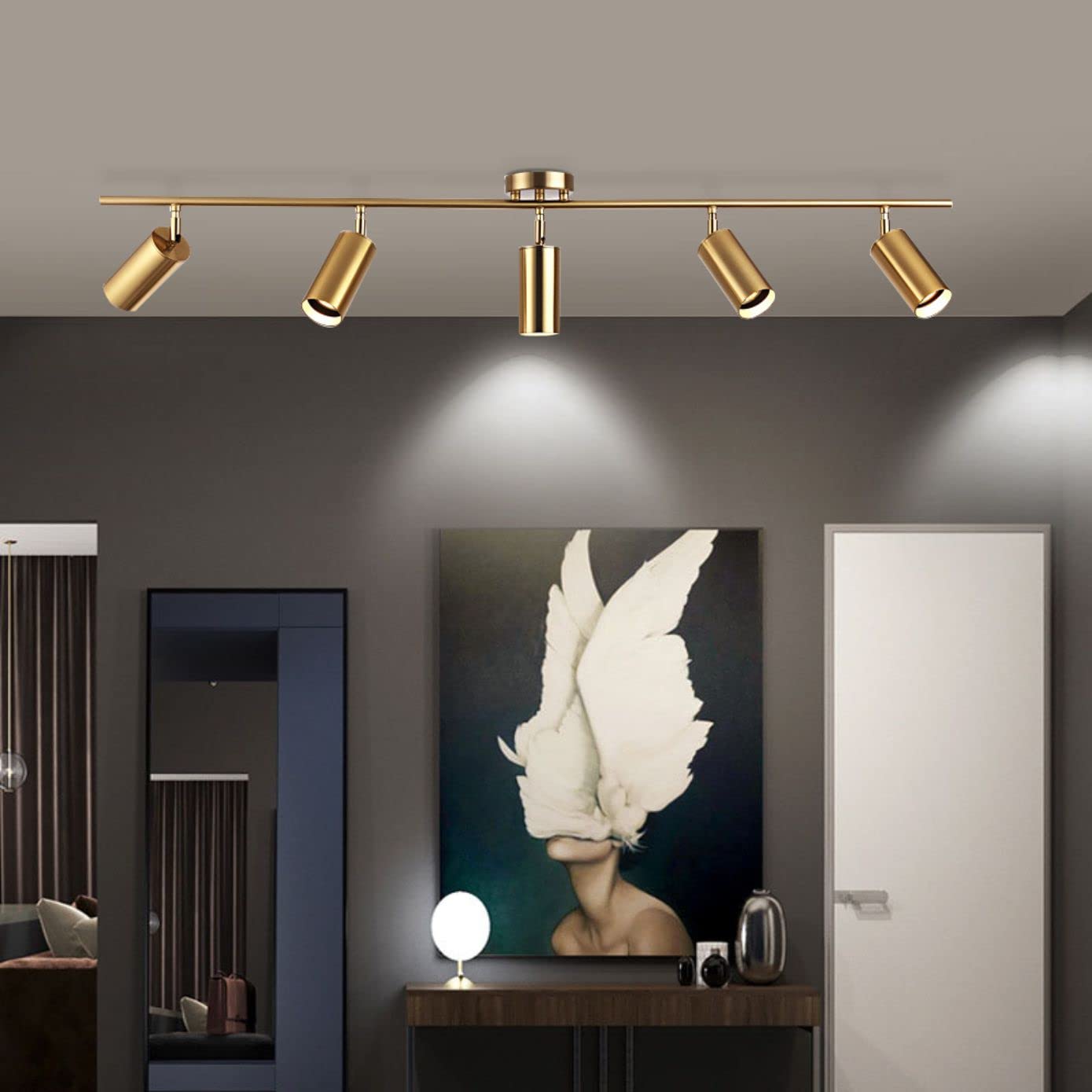 KCO Lighting Modern 5-Lights LED Track Lighting Kit Brushed Brass Kitchen Ceiling Spotlights Light Fixture Mid Century Gold Adju