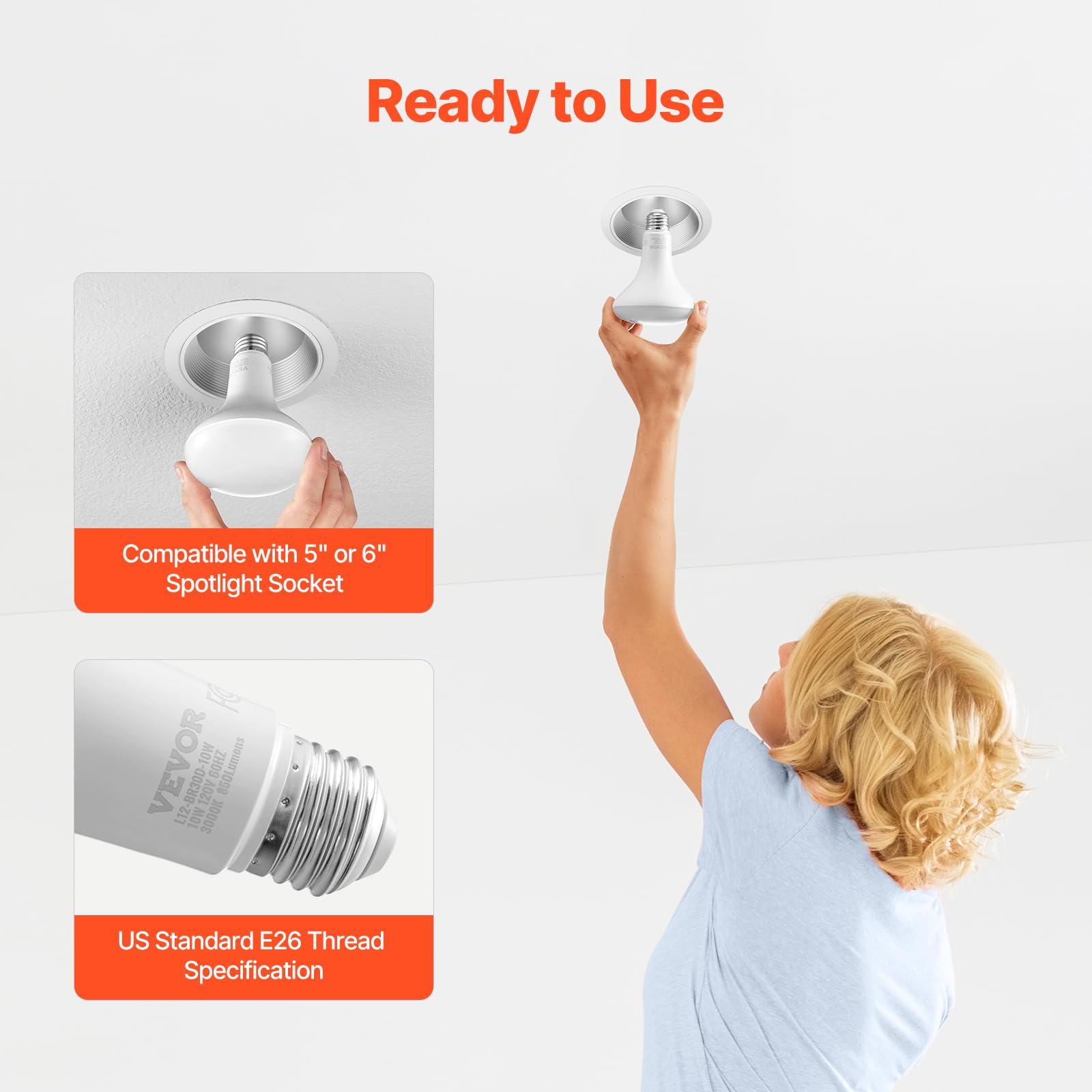 Vevor Br30 Flood Light Bulb, 12 Pack Led Indoor Flood Lights, 850 Lumens Led Flood Light Bulbs, E26 Standard Base, 3000K Warm Li