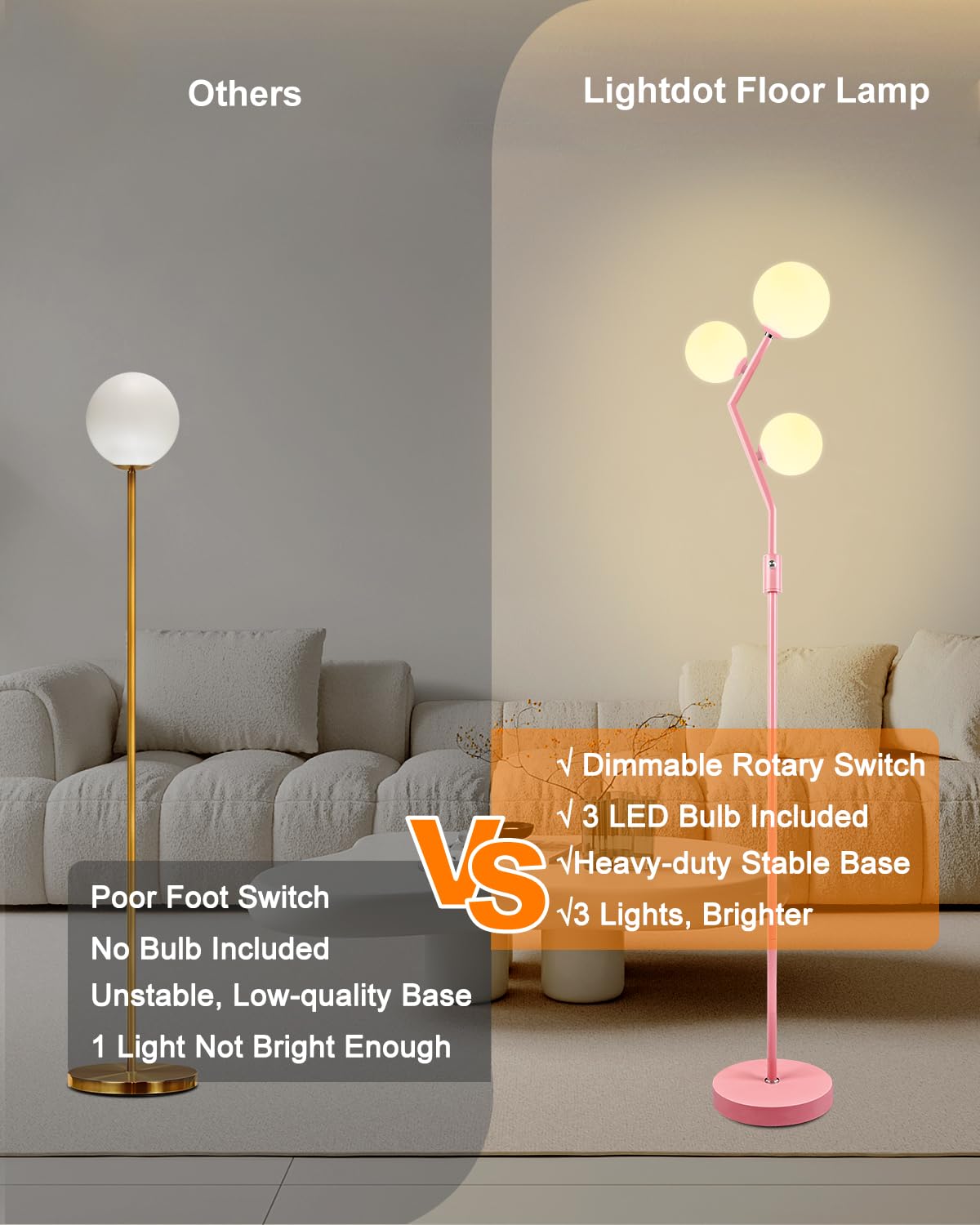 Lightdot Geometric Folding 3 Globe Tree Floor Lamp, Dimmable Pink Standing Lamps With 3Pcs 3000K G9 Bulbs, Mid Century Modern Fl
