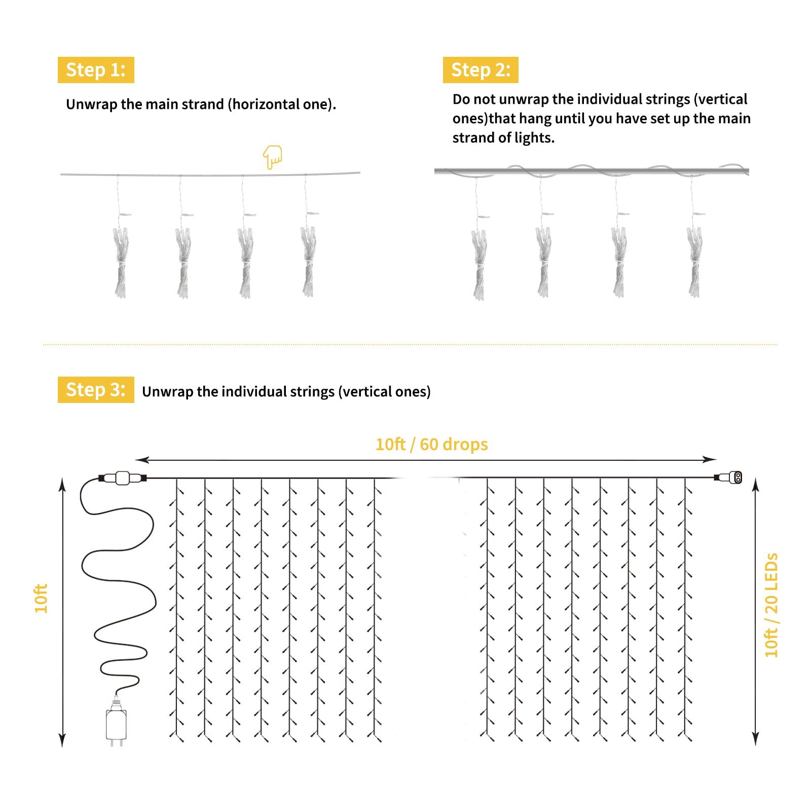 Brightown 1200 LED Curtain String Lights, 9.8 FT, Remote, Waterproof, 8 Modes, Warm White, Model DMO-C-1200