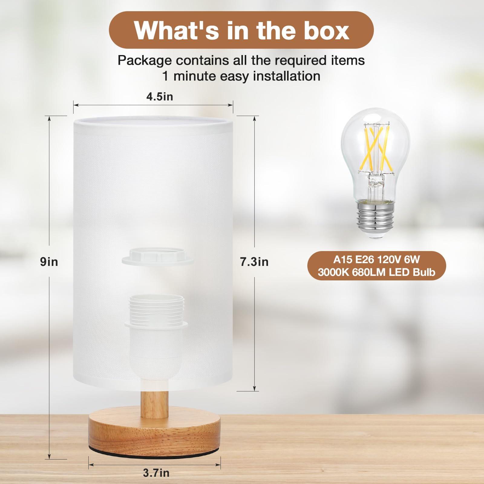 Fenmzee Small Table Lamp For Bedroom - Inline Control, Bedside Lamp With 3000K A15 Led Blub, Easy Assembly (White Shade - Wood B