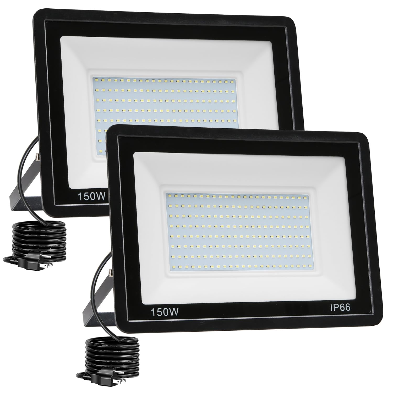 QIYEKA 2 Pack 150W LED Flood Light Outdoor,15000LM Work Spotlight with US Plug,6500K Daylight White,IP66 Waterproof Exterior Sec