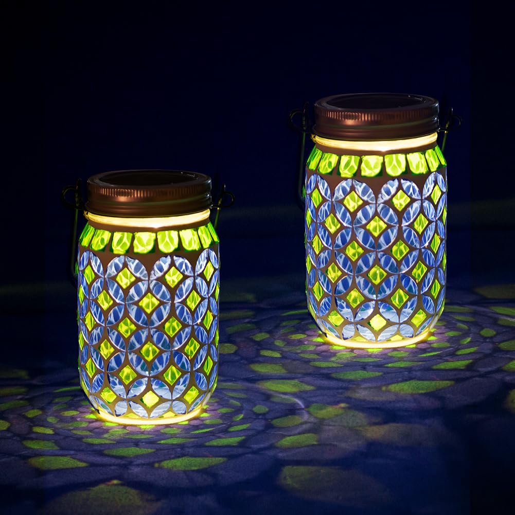Stargarden 2 Pack Mosaic Solar Lantern , Outdoor Hanging Lantern Waterproof Table Lamp Mosaic Night Light for Tree, Garden, Pati