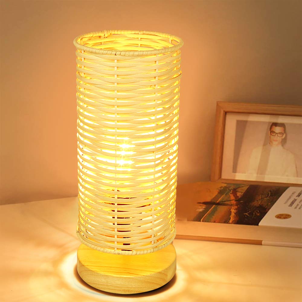 DINGLILIGHTING Bedside Table Lamp, LED Rubber Wood Nightstand Lamp, Round Rattan Shade, 11.81 in, Model WS-MNT19-60B, Wood